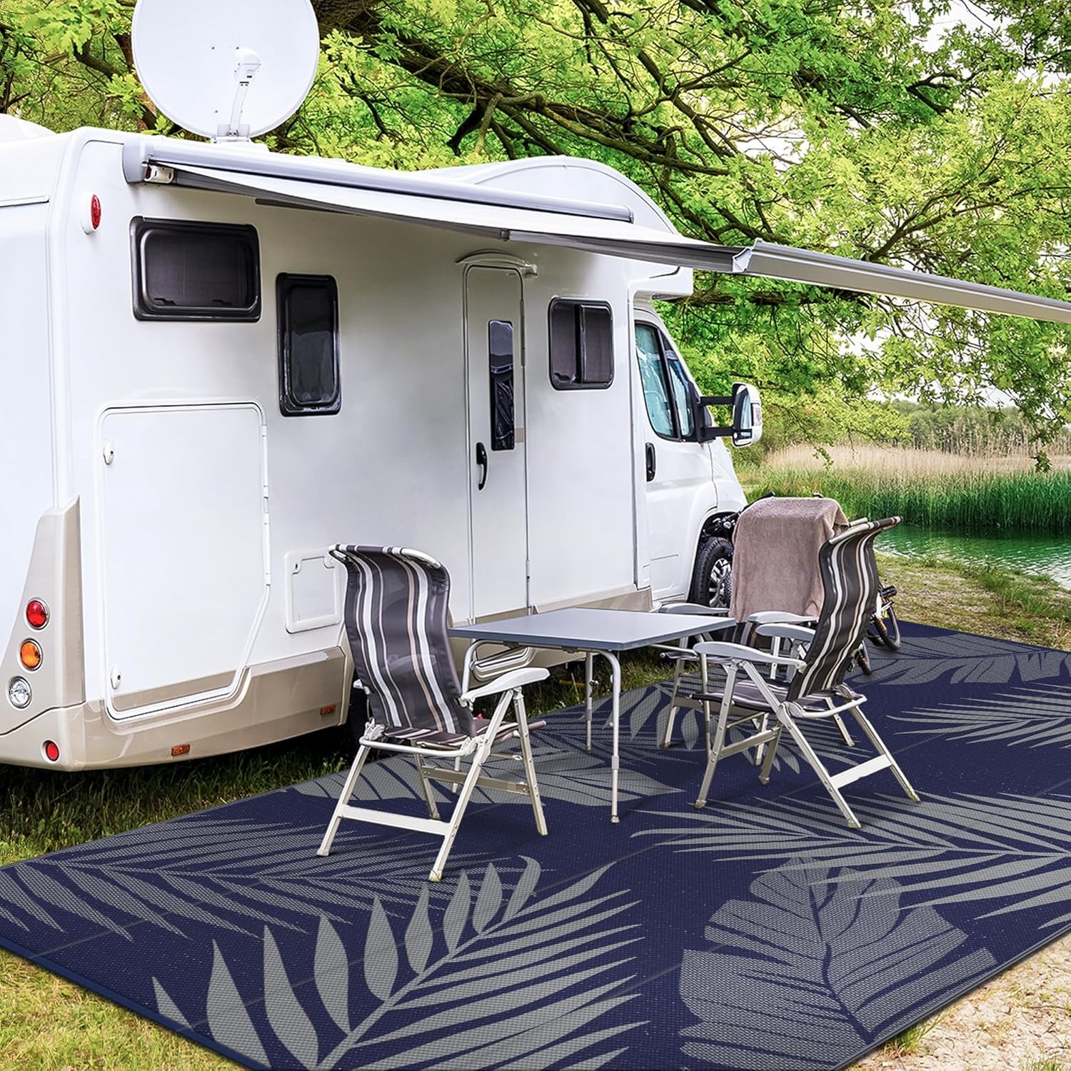 imageGENIMO Outdoor Rug 6 x 9 Waterproof for Patio Clearance Reversible Plastic Straw Camping Mat Lightweight Carpet for Rv Camper Deck Porch Picnic Balcony Beach KBlue amp WhiteNavy Blue Grey Waterproof