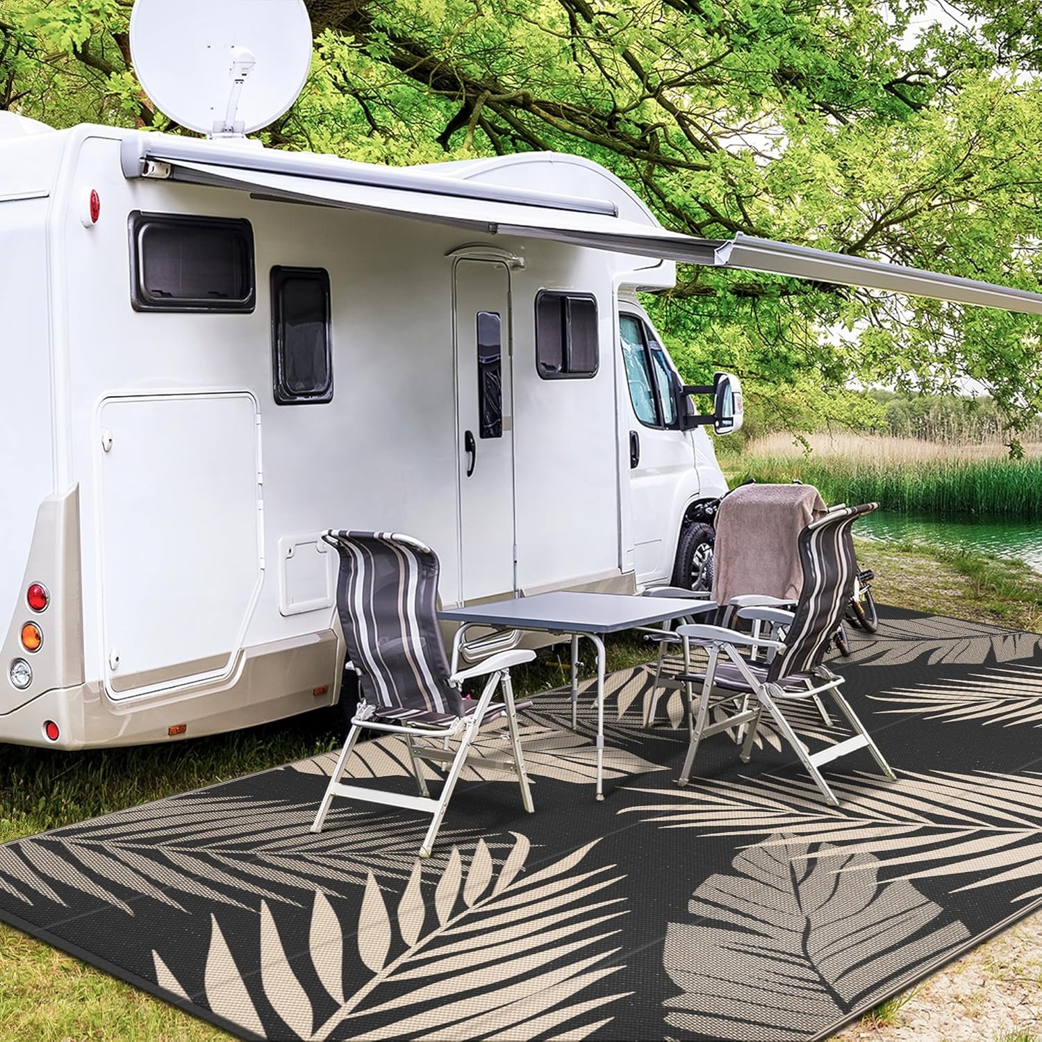 imageGENIMO Outdoor Rug 6 x 9 Waterproof for Patio Clearance Reversible Plastic Straw Camping Mat Lightweight Carpet for Rv Camper Deck Porch Picnic Balcony Beach KBlue amp WhiteBlack Beige Waterproof