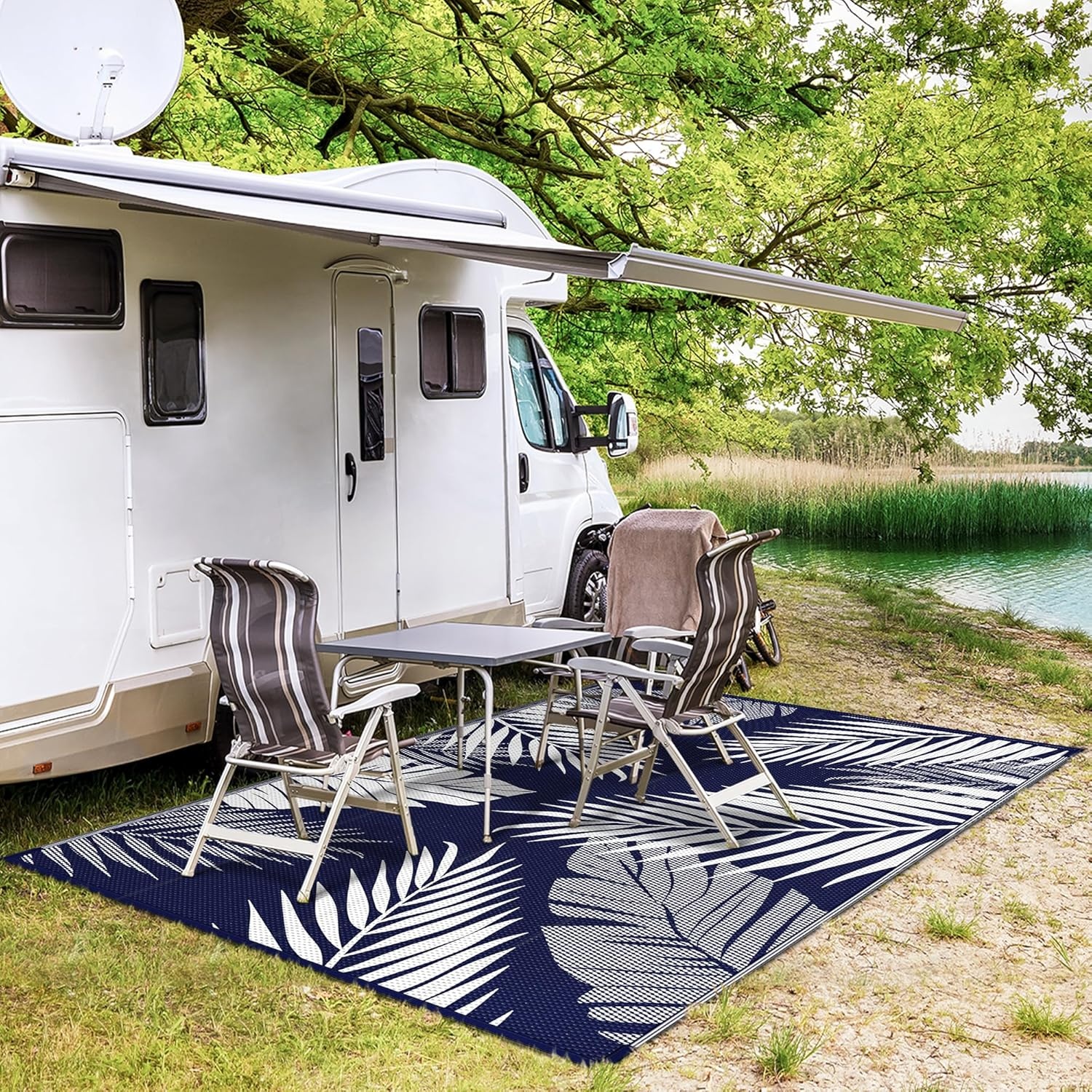 imageGENIMO Outdoor Rug 6 x 9 Waterproof for Patio Clearance Reversible Plastic Straw Camping Mat Lightweight Carpet for Rv Camper Deck Porch Picnic Balcony Beach KBlue amp WhiteNavy Blue White Waterproof