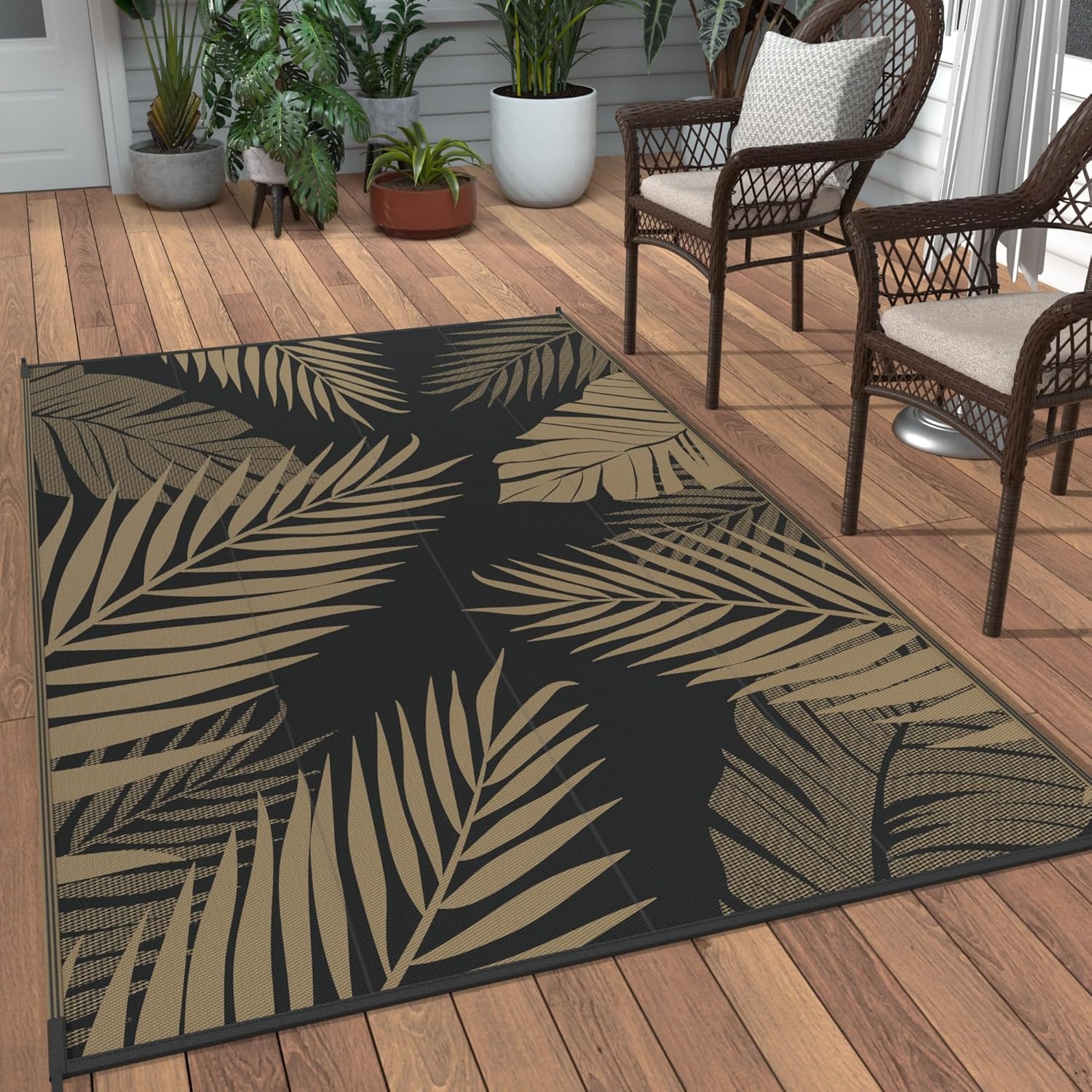 imageGENIMO Outdoor Rug 6 x 9 Waterproof for Patio Clearance Reversible Plastic Straw Camping Mat Lightweight Carpet for Rv Camper Deck Porch Picnic Balcony Beach KBlue amp WhiteBlack Brown Waterproof