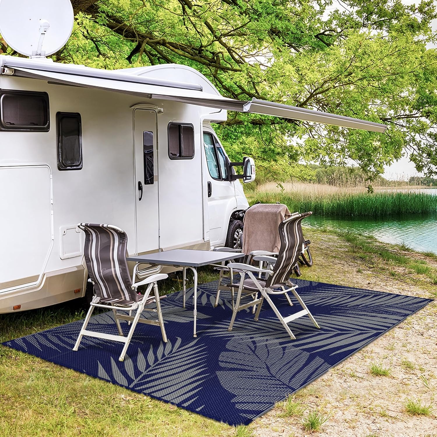 imageGENIMO Outdoor Rug 6 x 9 Waterproof for Patio Clearance Reversible Plastic Straw Camping Mat Lightweight Carpet for Rv Camper Deck Porch Picnic Balcony Beach KBlue amp WhiteNavy Blue Grey Waterproof