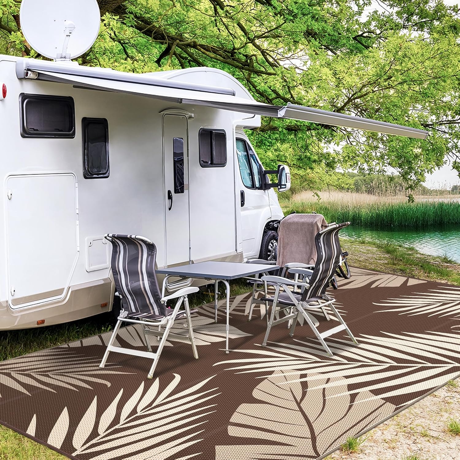 imageGENIMO Outdoor Rug 6 x 9 Waterproof for Patio Clearance Reversible Plastic Straw Camping Mat Lightweight Carpet for Rv Camper Deck Porch Picnic Balcony Beach KBlue amp WhiteCoffee Beige Waterproof