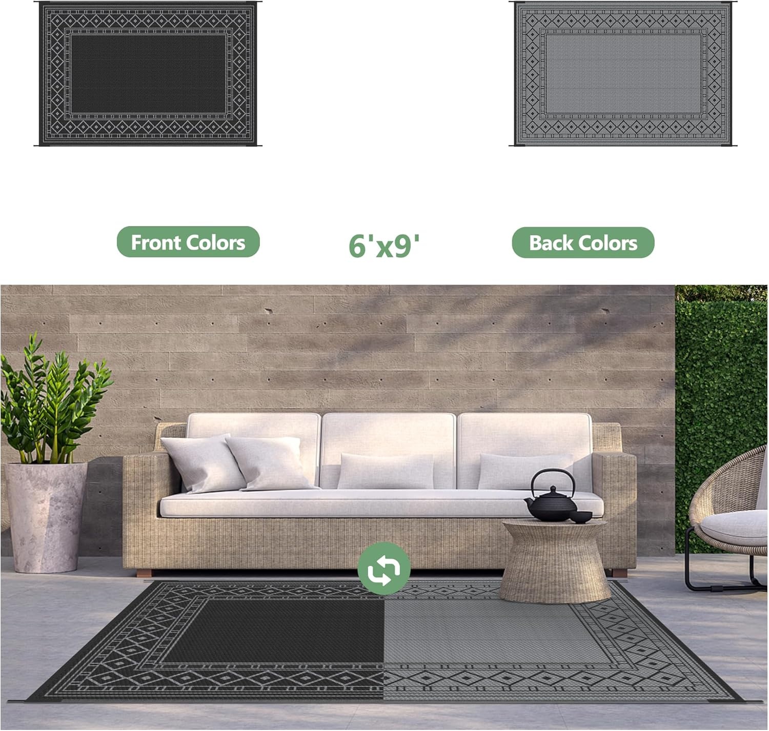 imageGENIMO Outdoor Rug Waterproof 6x9 for Patio Foldable Reversible Plastic Straw Carpet for Travel Trailers Outside Area Mat for Rv Deck Picnic Porch Camper Balcony Beach Purple amp GreyBlack Grey Natural