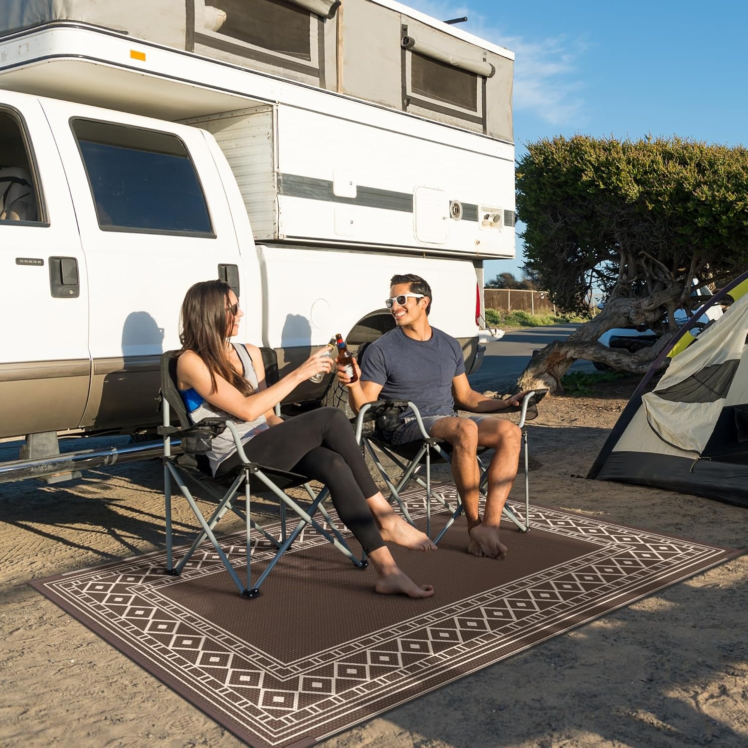 imageGENIMO Outdoor Rug Waterproof 6x9 for Patio Foldable Reversible Plastic Straw Carpet for Travel Trailers Outside Area Mat for Rv Deck Picnic Porch Camper Balcony Beach Purple amp GreyCoffee Beige Natural