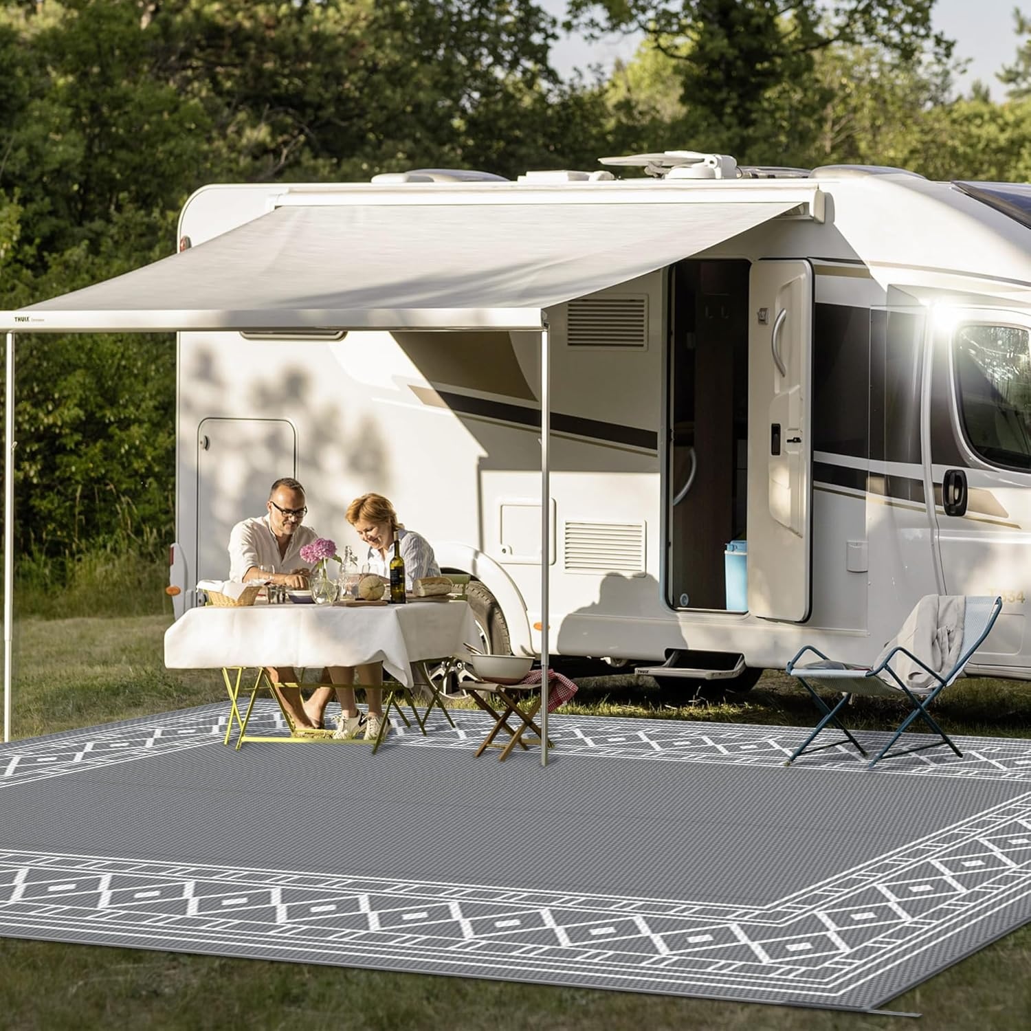 imageGENIMO Outdoor Rug Waterproof 6x9 for Patio Foldable Reversible Plastic Straw Carpet for Travel Trailers Outside Area Mat for Rv Deck Picnic Porch Camper Balcony Beach Purple amp GreyGrey White Natural