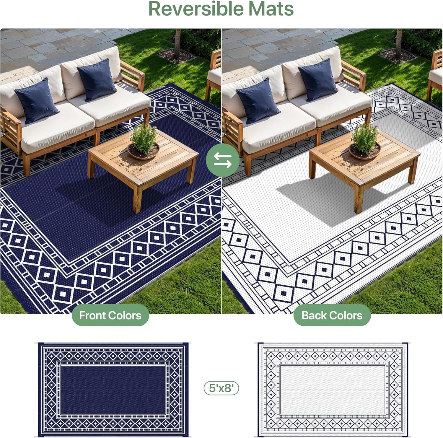imageGENIMO Outdoor Rug Waterproof 6x9 for Patio Foldable Reversible Plastic Straw Carpet for Travel Trailers Outside Area Mat for Rv Deck Picnic Porch Camper Balcony Beach Purple amp GreyNavy Blue White Natural