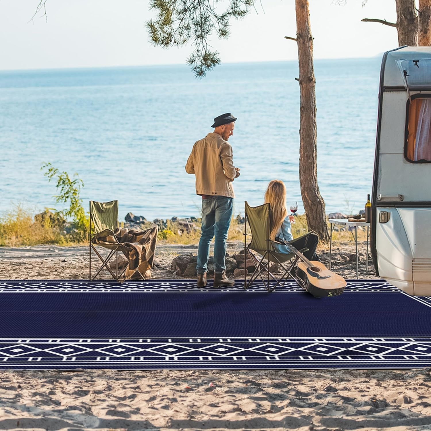 imageGENIMO Outdoor Rug Waterproof 6x9 for Patio Foldable Reversible Plastic Straw Carpet for Travel Trailers Outside Area Mat for Rv Deck Picnic Porch Camper Balcony Beach Purple amp GreyNavy Blue White Natural