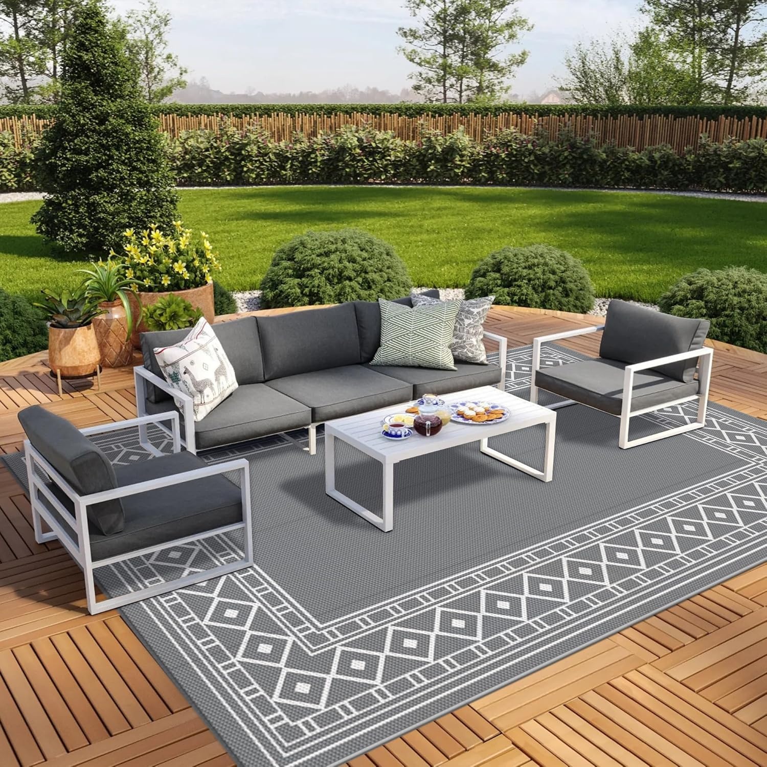 imageGENIMO Outdoor Rug Waterproof 6x9 for Patio Foldable Reversible Plastic Straw Carpet for Travel Trailers Outside Area Mat for Rv Deck Picnic Porch Camper Balcony Beach Purple amp GreyGrey White Natural