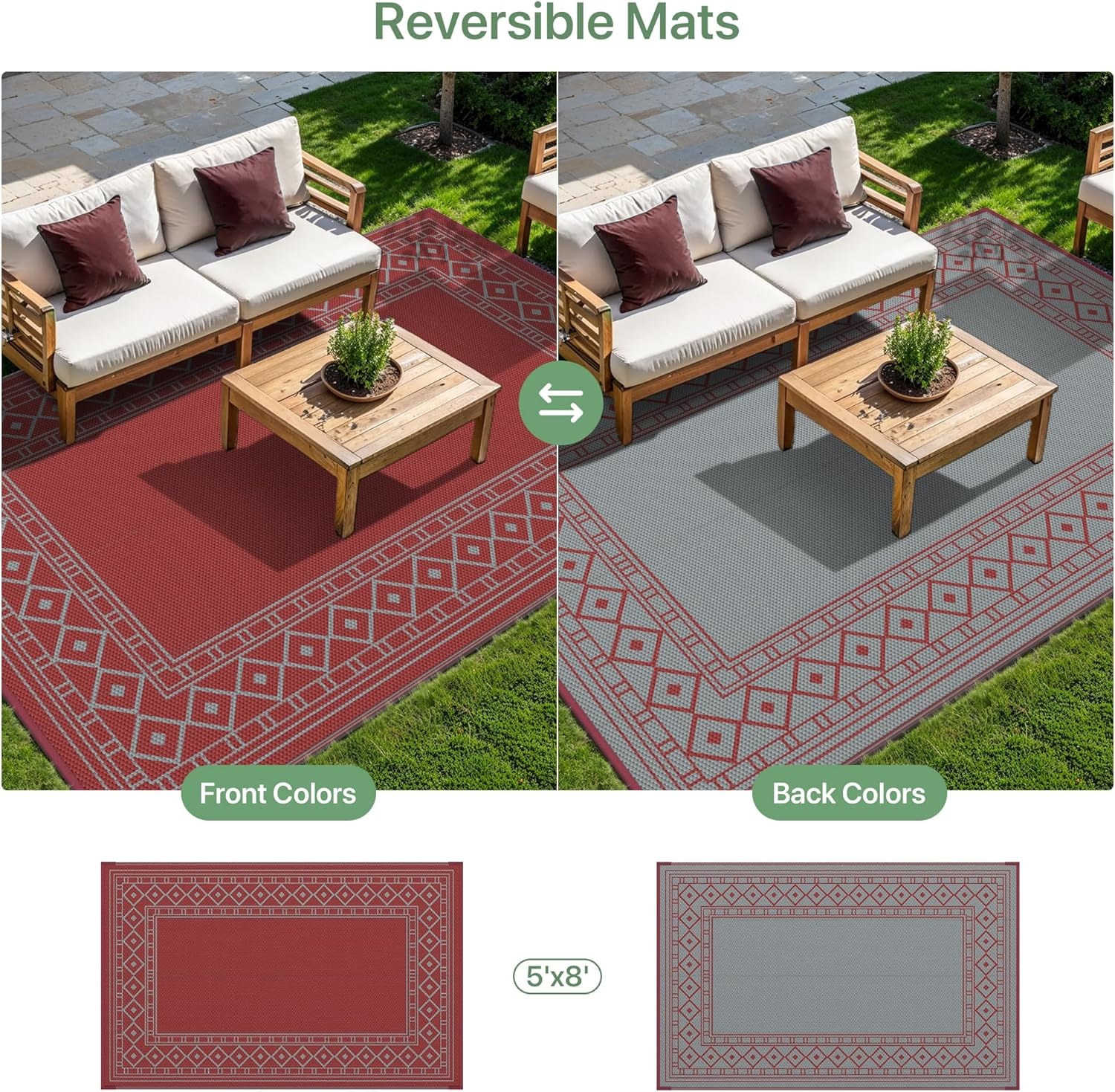 imageGENIMO Outdoor Rug Waterproof 6x9 for Patio Foldable Reversible Plastic Straw Carpet for Travel Trailers Outside Area Mat for Rv Deck Picnic Porch Camper Balcony Beach Purple amp GreyRed Grey Natural