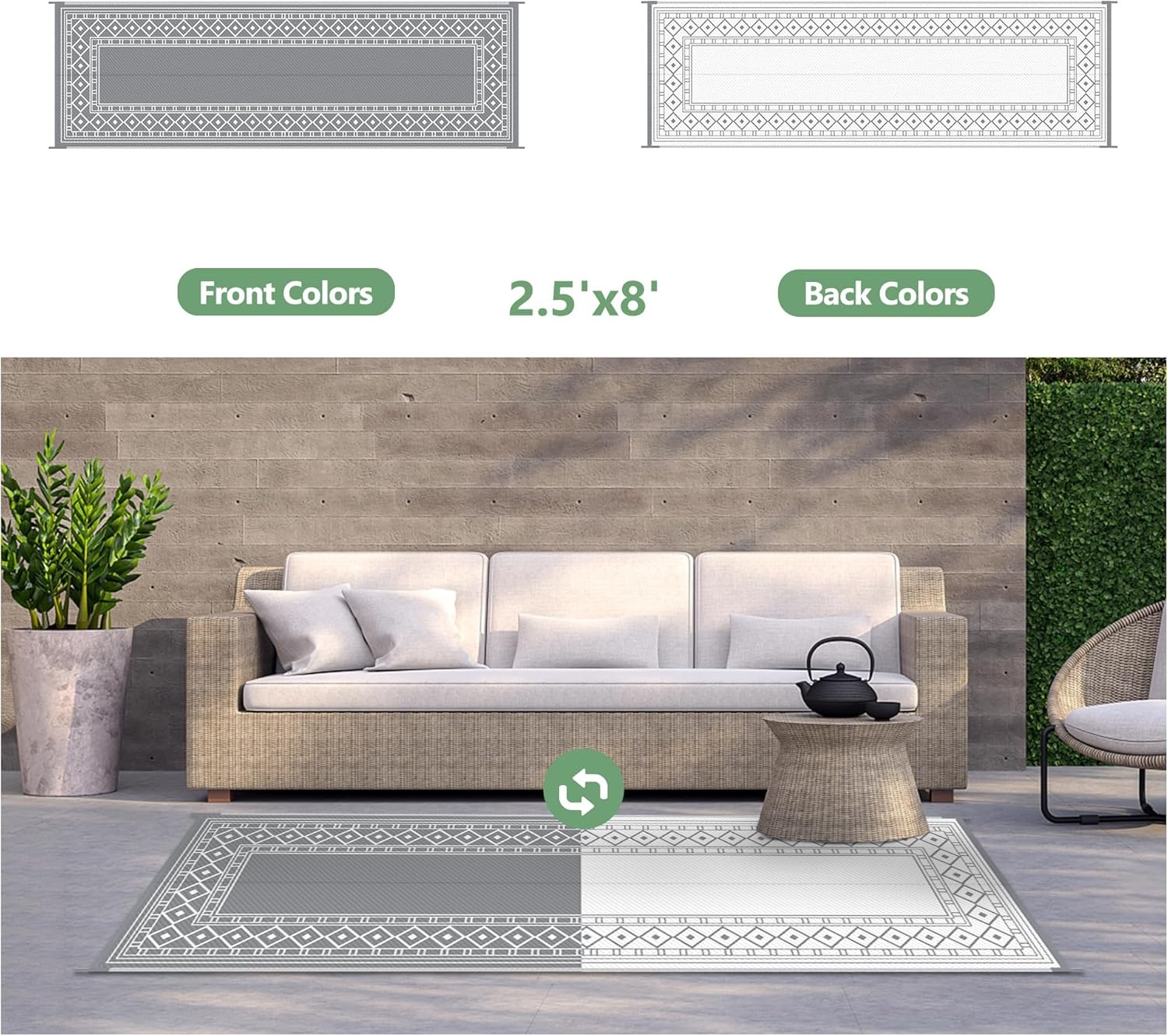 imageGENIMO Outdoor Rug Waterproof 6x9 for Patio Foldable Reversible Plastic Straw Carpet for Travel Trailers Outside Area Mat for Rv Deck Picnic Porch Camper Balcony Beach Purple amp GreyGrey White Natural