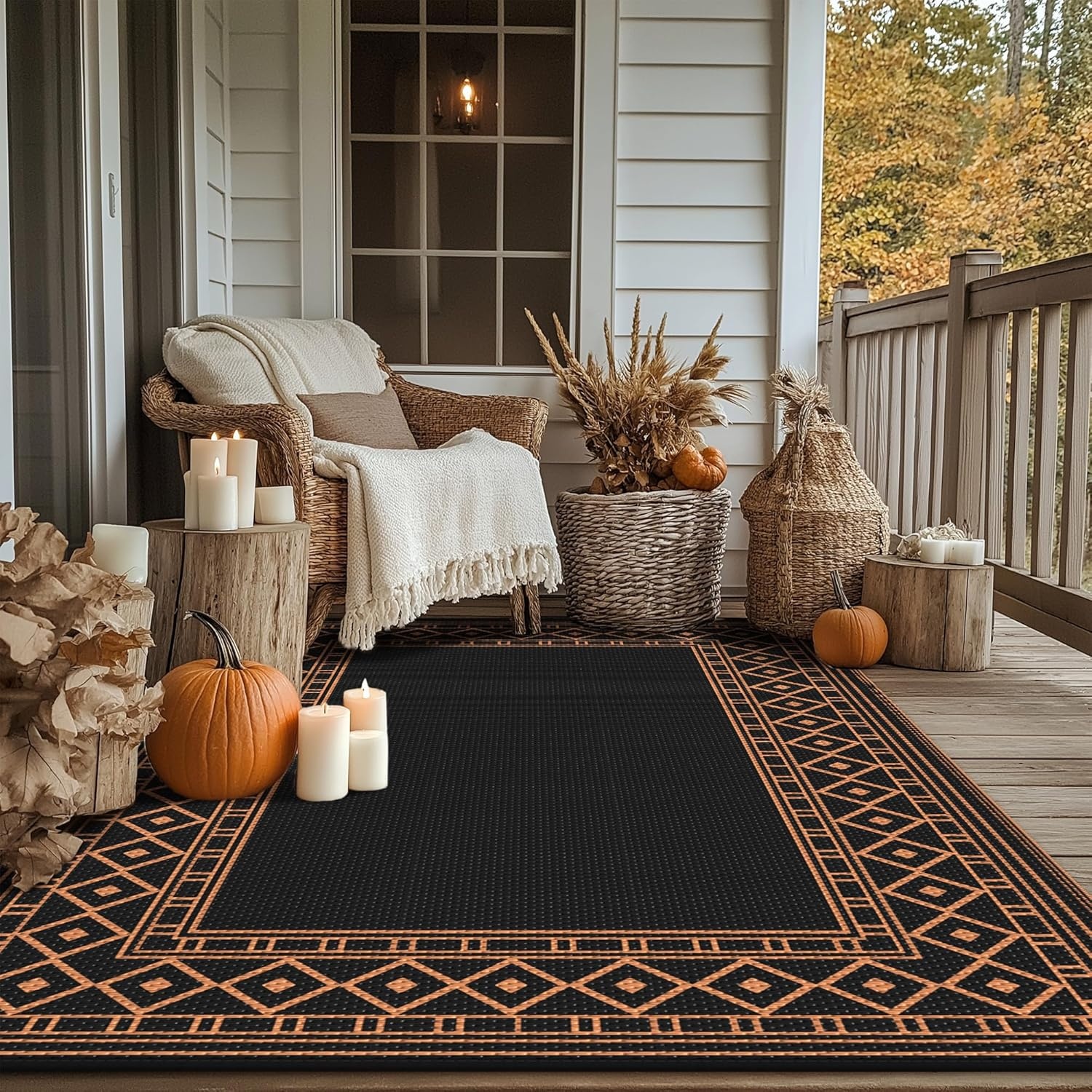 imageGENIMO Outdoor Rug Waterproof 6x9 for Patio Foldable Reversible Plastic Straw Carpet for Travel Trailers Outside Area Mat for Rv Deck Picnic Porch Camper Balcony Beach Purple amp GreyBlack Orange