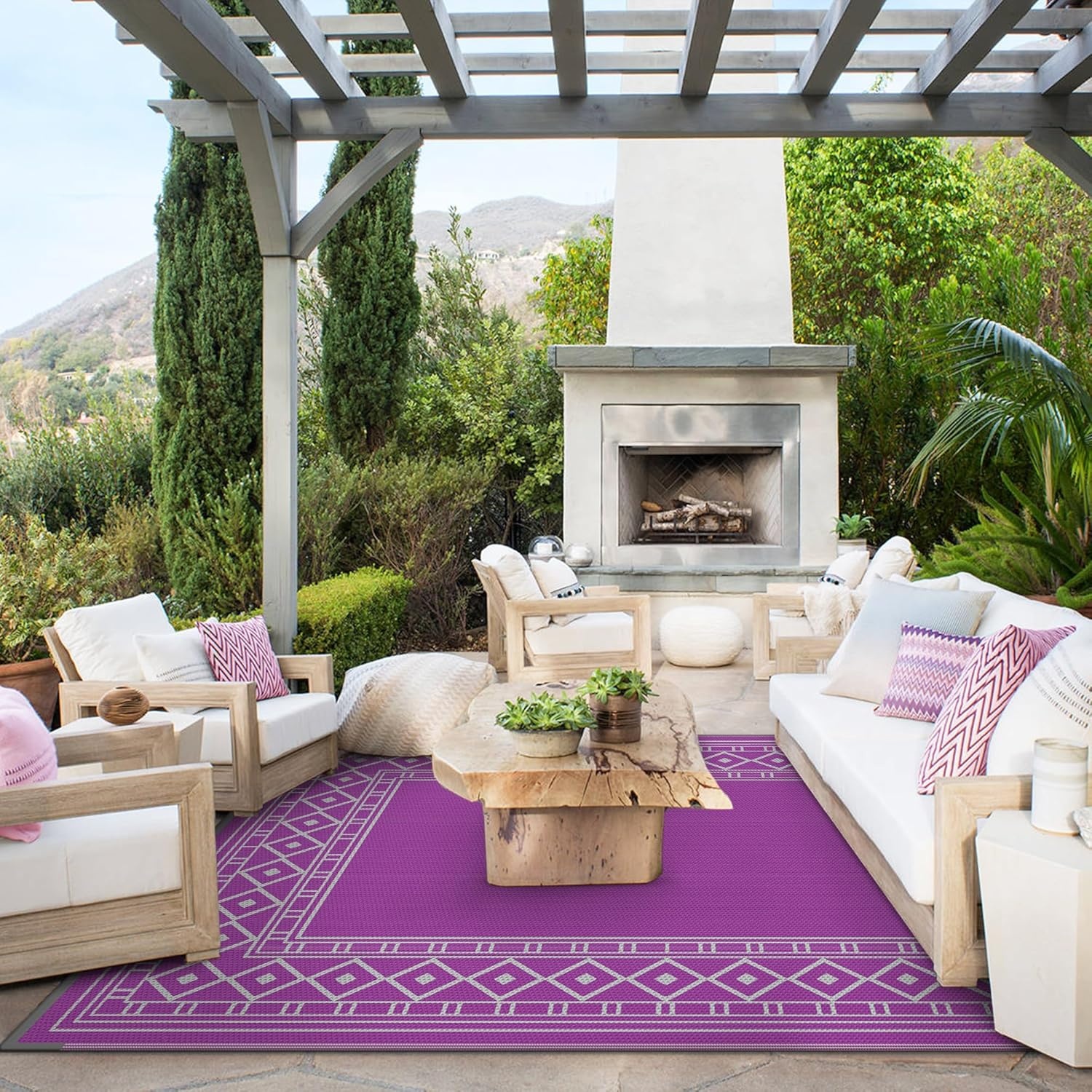 imageGENIMO Outdoor Rug Waterproof 6x9 for Patio Foldable Reversible Plastic Straw Carpet for Travel Trailers Outside Area Mat for Rv Deck Picnic Porch Camper Balcony Beach Purple amp GreyPurple Grey Natural