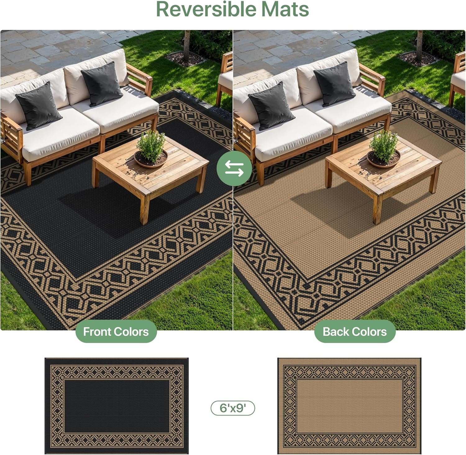 imageGENIMO Outdoor Rug Waterproof 6x9 for Patio Foldable Reversible Plastic Straw Carpet for Travel Trailers Outside Area Mat for Rv Deck Picnic Porch Camper Balcony Beach Purple amp GreyBlack Brownn