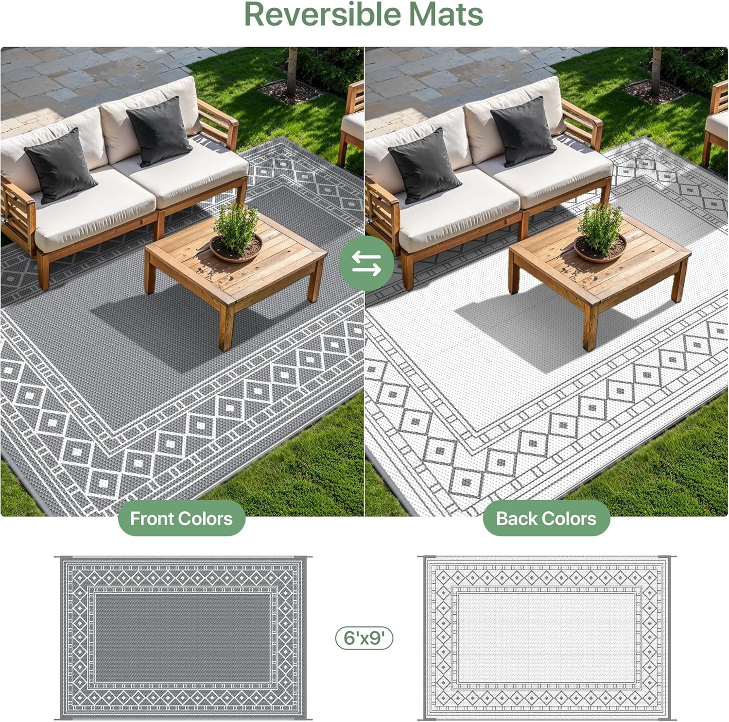 imageGENIMO Outdoor Rug Waterproof 6x9 for Patio Foldable Reversible Plastic Straw Carpet for Travel Trailers Outside Area Mat for Rv Deck Picnic Porch Camper Balcony Beach Purple amp GreyGrey White Natural