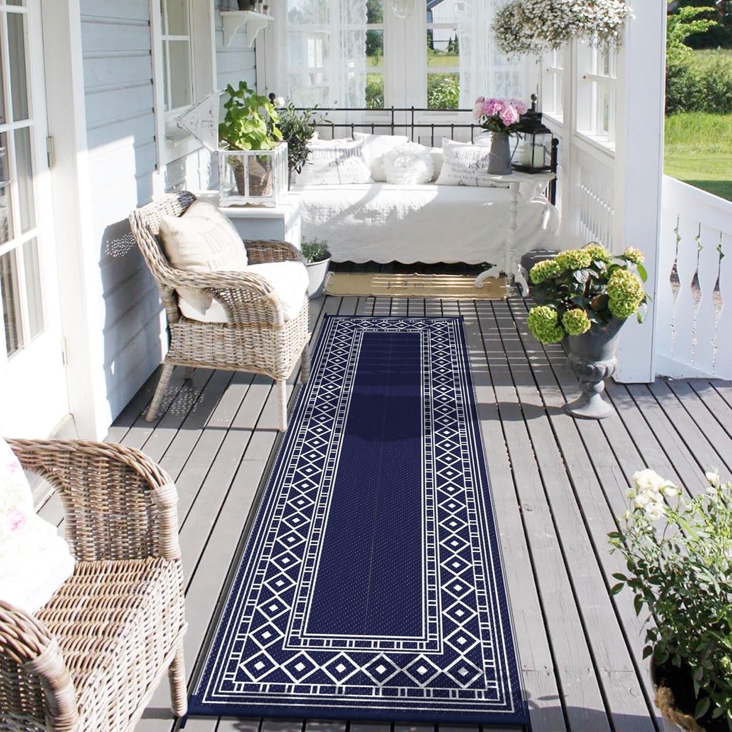 imageGENIMO Outdoor Rug Waterproof 6x9 for Patio Foldable Reversible Plastic Straw Carpet for Travel Trailers Outside Area Mat for Rv Deck Picnic Porch Camper Balcony Beach Purple amp GreyNavy Blue White Natural
