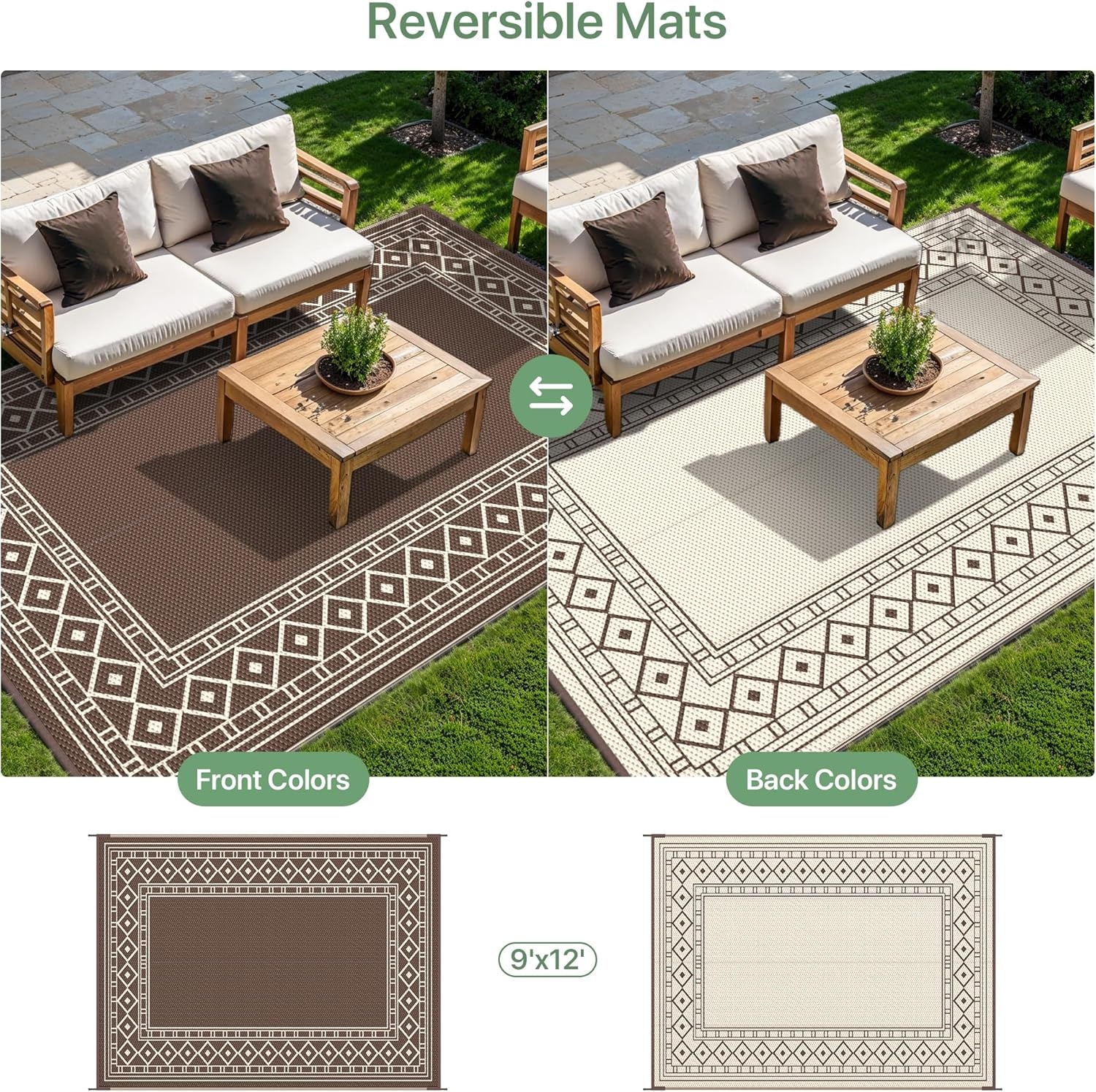 imageGENIMO Outdoor Rug Waterproof 6x9 for Patio Foldable Reversible Plastic Straw Carpet for Travel Trailers Outside Area Mat for Rv Deck Picnic Porch Camper Balcony Beach Purple amp GreyCoffee Beige Natural