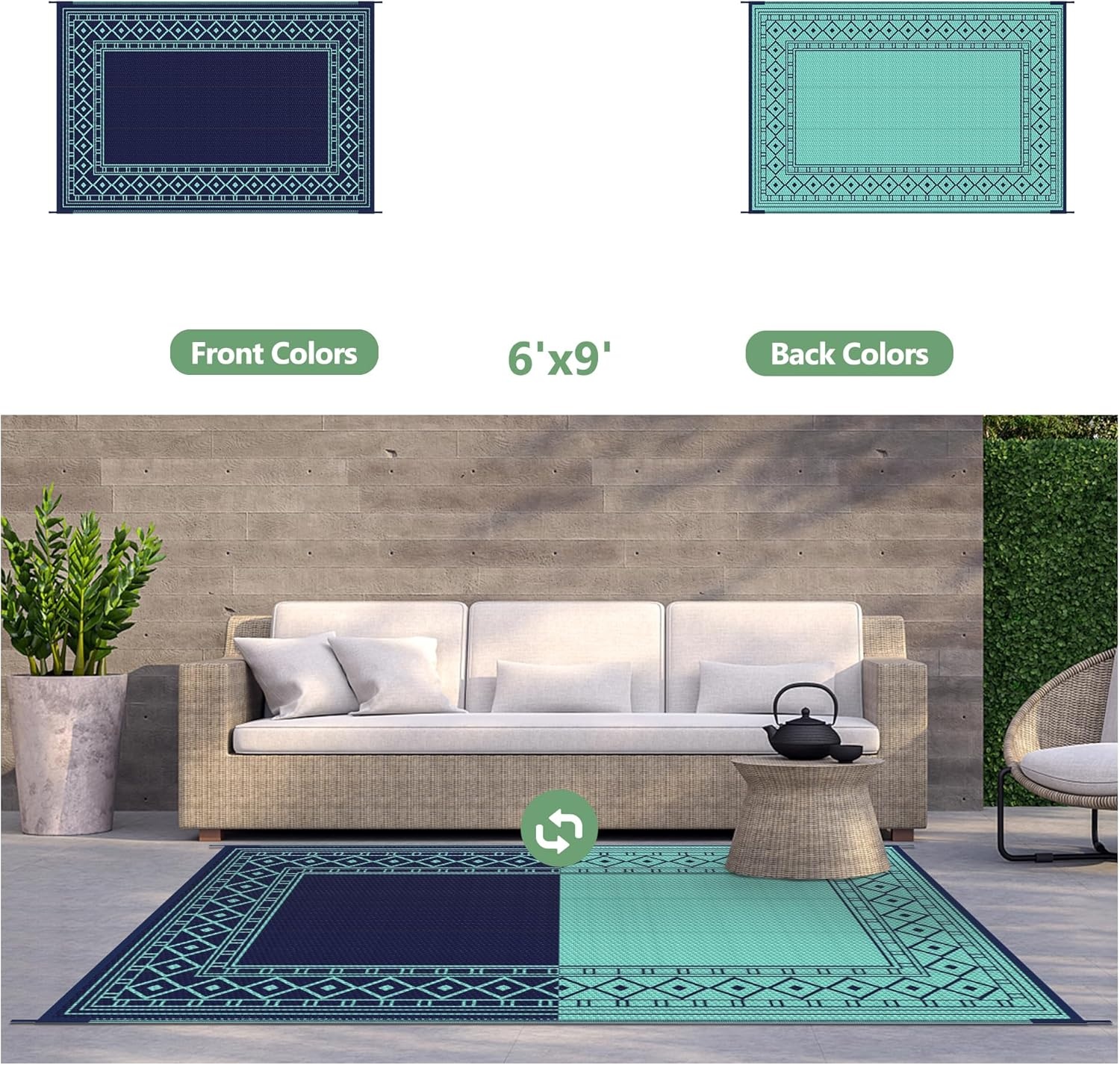 imageGENIMO Outdoor Rug Waterproof 6x9 for Patio Foldable Reversible Plastic Straw Carpet for Travel Trailers Outside Area Mat for Rv Deck Picnic Porch Camper Balcony Beach Purple amp GreyNavy Blue Jade Green Natural