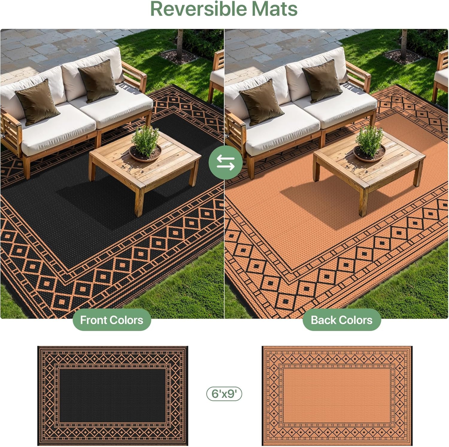 imageGENIMO Outdoor Rug Waterproof 6x9 for Patio Foldable Reversible Plastic Straw Carpet for Travel Trailers Outside Area Mat for Rv Deck Picnic Porch Camper Balcony Beach Purple amp GreyBlack Orange