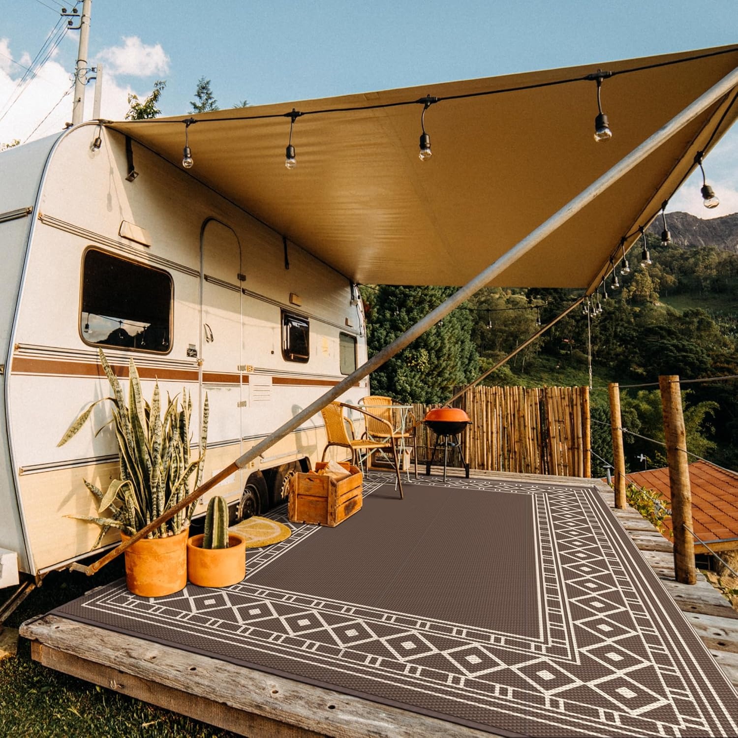 imageGENIMO Outdoor Rug Waterproof 6x9 for Patio Foldable Reversible Plastic Straw Carpet for Travel Trailers Outside Area Mat for Rv Deck Picnic Porch Camper Balcony Beach Purple amp GreyCoffee Beige Natural