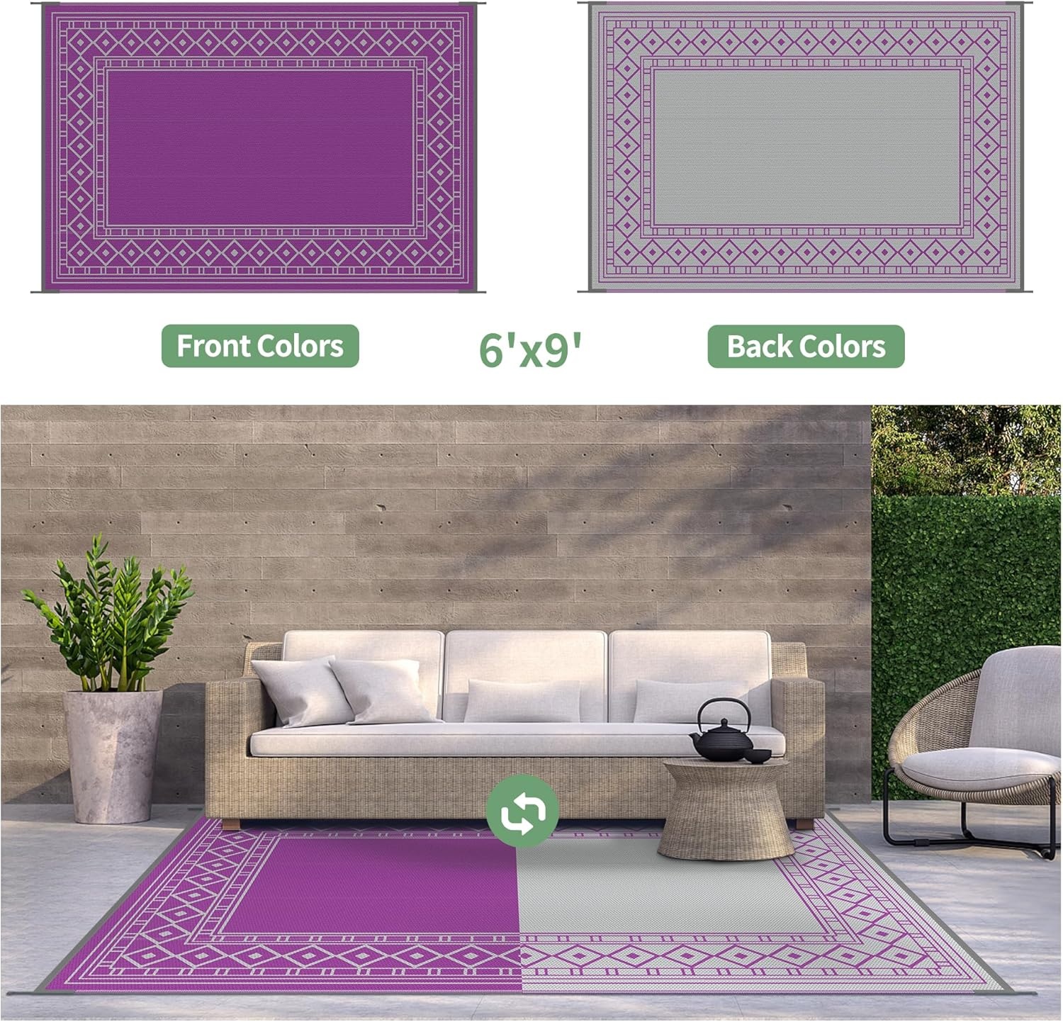 imageGENIMO Outdoor Rug Waterproof 6x9 for Patio Foldable Reversible Plastic Straw Carpet for Travel Trailers Outside Area Mat for Rv Deck Picnic Porch Camper Balcony Beach Purple amp GreyPurple Grey Natural