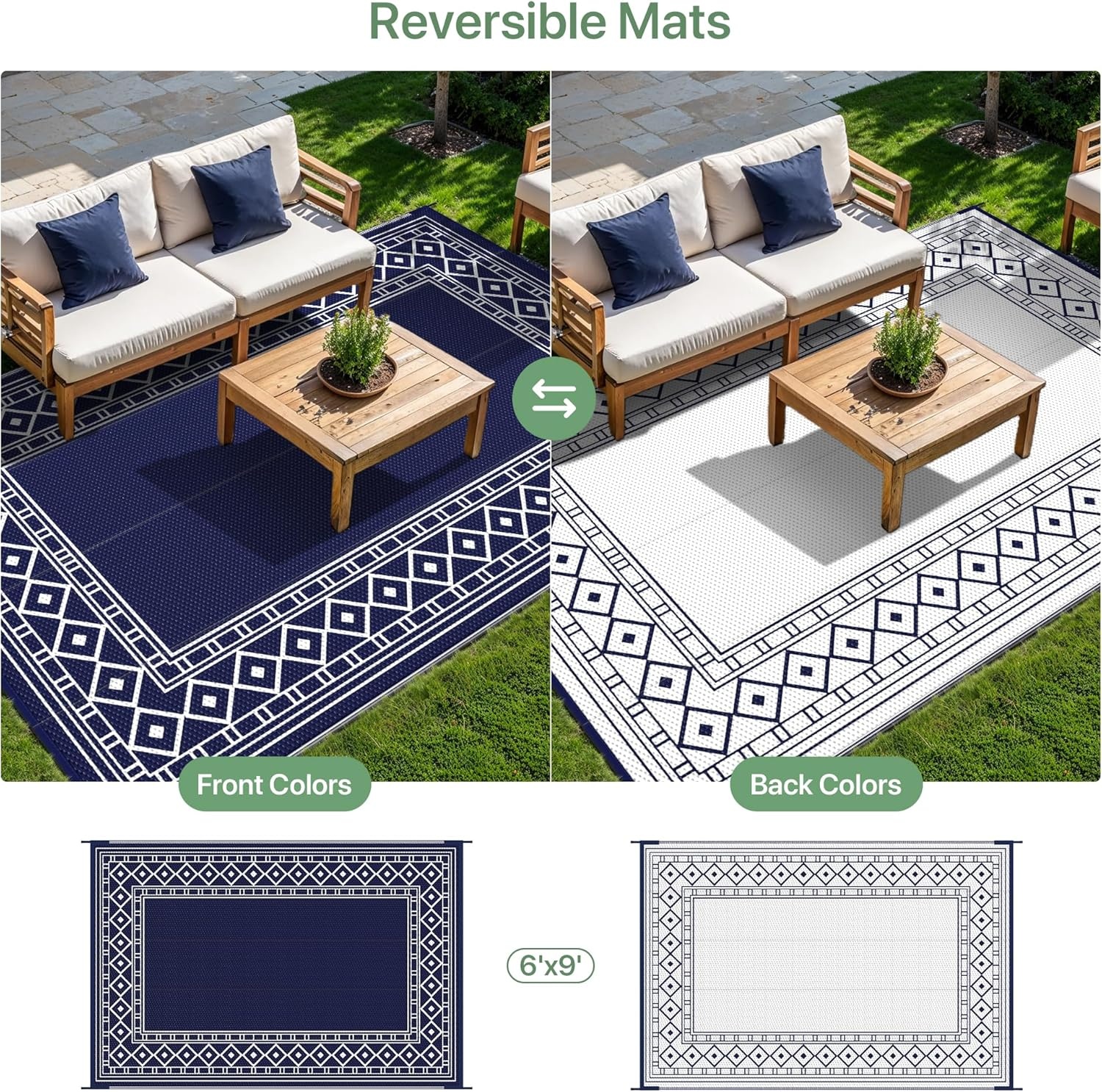 imageGENIMO Outdoor Rug Waterproof 6x9 for Patio Foldable Reversible Plastic Straw Carpet for Travel Trailers Outside Area Mat for Rv Deck Picnic Porch Camper Balcony Beach Purple amp GreyNavy Blue White Natural
