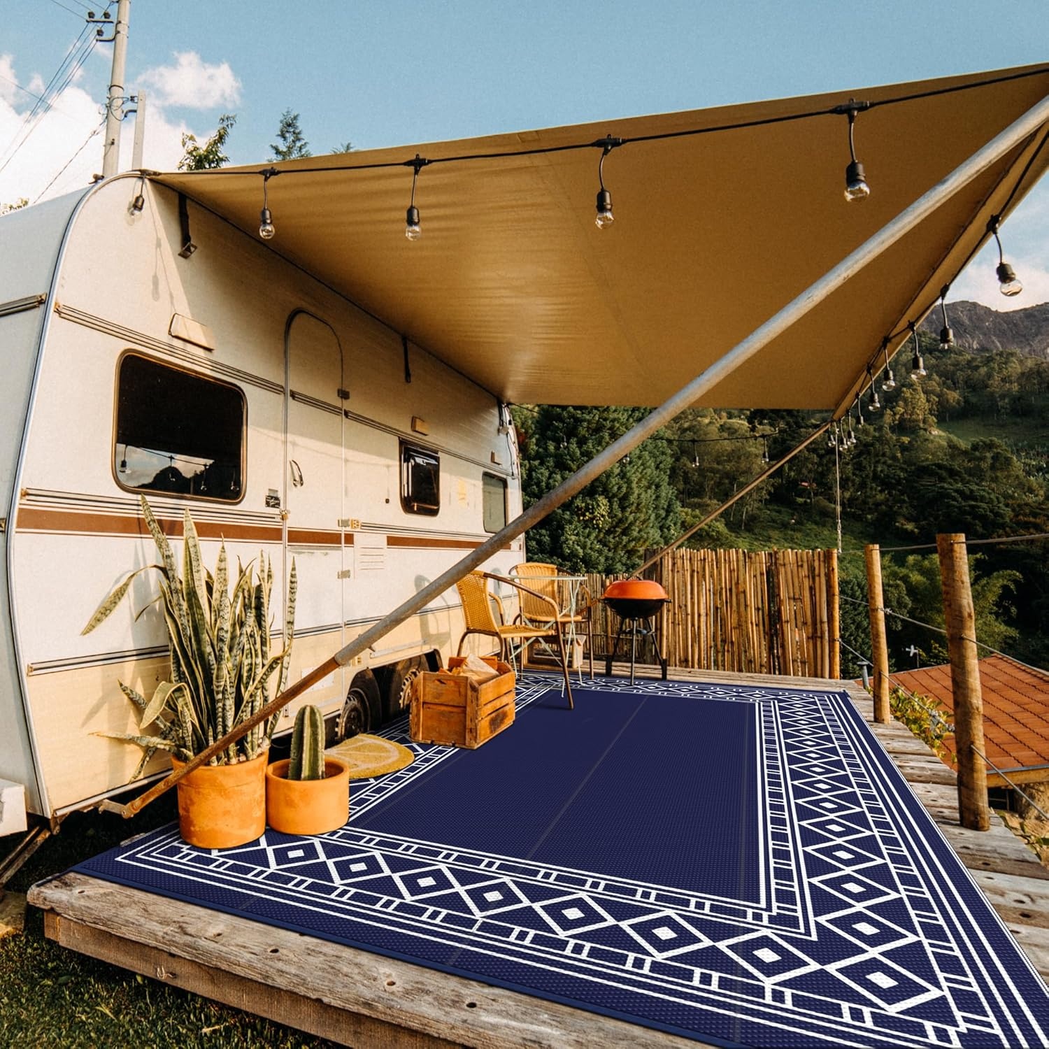 imageGENIMO Outdoor Rug Waterproof 6x9 for Patio Foldable Reversible Plastic Straw Carpet for Travel Trailers Outside Area Mat for Rv Deck Picnic Porch Camper Balcony Beach Purple amp GreyNavy Blue White Natural