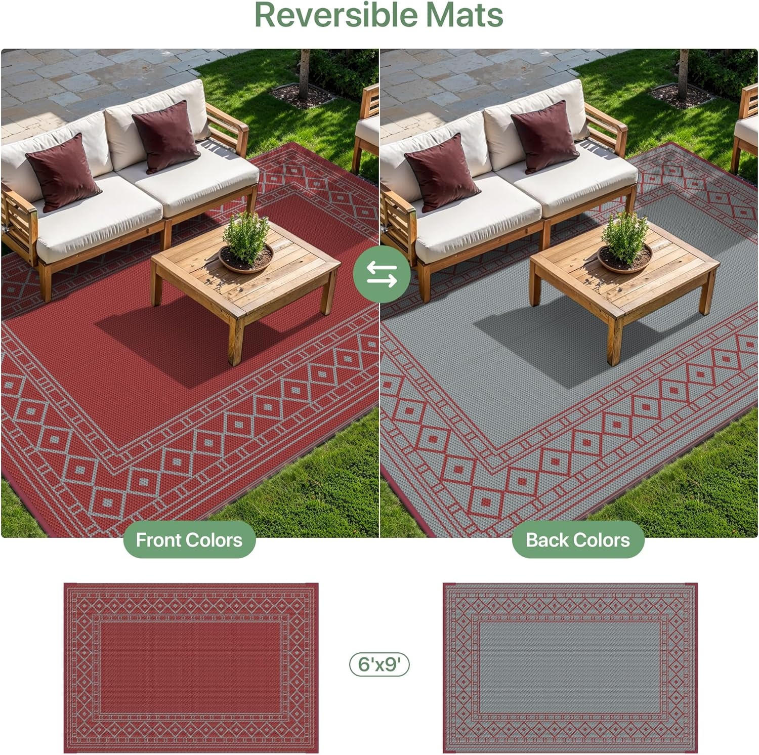 imageGENIMO Outdoor Rug Waterproof 6x9 for Patio Foldable Reversible Plastic Straw Carpet for Travel Trailers Outside Area Mat for Rv Deck Picnic Porch Camper Balcony Beach Purple amp GreyRed Grey Natural