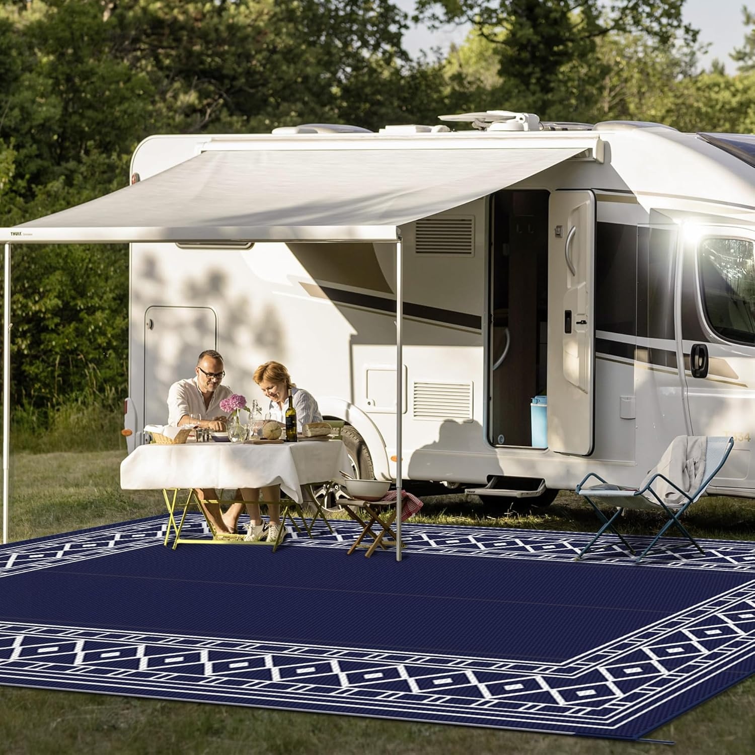 imageGENIMO Outdoor Rug Waterproof 6x9 for Patio Foldable Reversible Plastic Straw Carpet for Travel Trailers Outside Area Mat for Rv Deck Picnic Porch Camper Balcony Beach Purple amp GreyNavy Blue White Natural