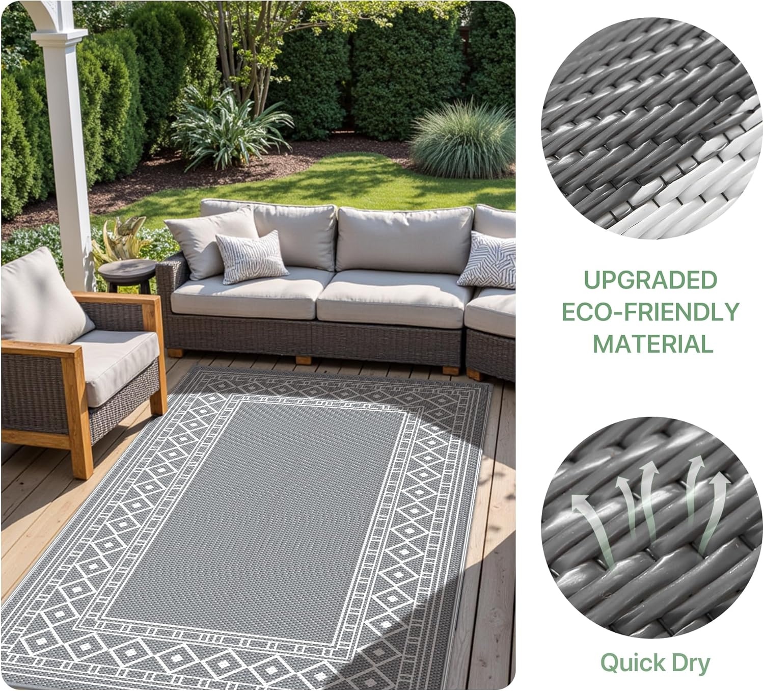 imageGENIMO Outdoor Rug Waterproof 6x9 for Patio Foldable Reversible Plastic Straw Carpet for Travel Trailers Outside Area Mat for Rv Deck Picnic Porch Camper Balcony Beach Purple amp GreyGrey White Natural