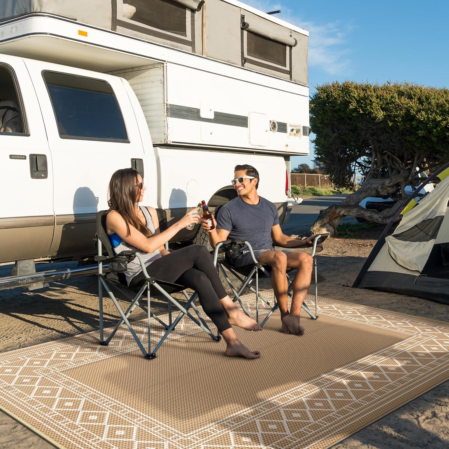imageGENIMO Outdoor Rug Waterproof 6x9 for Patio Foldable Reversible Plastic Straw Carpet for Travel Trailers Outside Area Mat for Rv Deck Picnic Porch Camper Balcony Beach Purple amp GreyBrown Beige Natural
