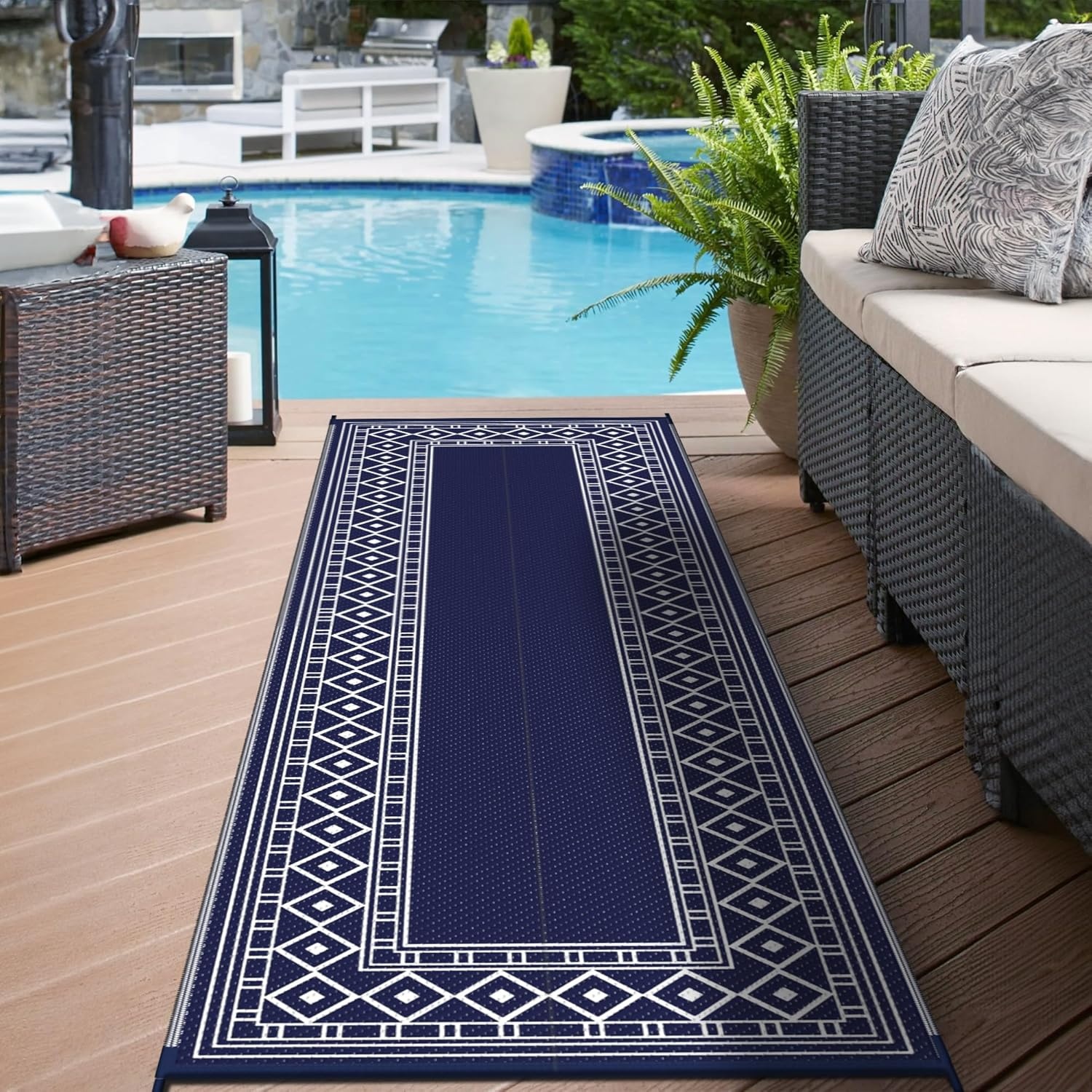 imageGENIMO Outdoor Rug Waterproof 6x9 for Patio Foldable Reversible Plastic Straw Carpet for Travel Trailers Outside Area Mat for Rv Deck Picnic Porch Camper Balcony Beach Purple amp GreyNavy Blue White Natural