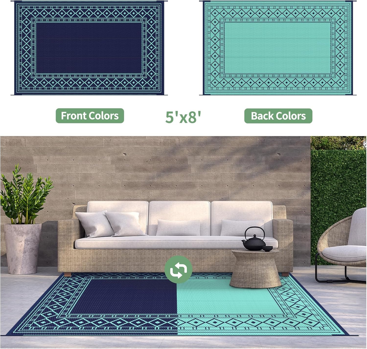 imageGENIMO Outdoor Rug Waterproof 6x9 for Patio Foldable Reversible Plastic Straw Carpet for Travel Trailers Outside Area Mat for Rv Deck Picnic Porch Camper Balcony Beach Purple amp GreyNavy Blue Jade Green Natural
