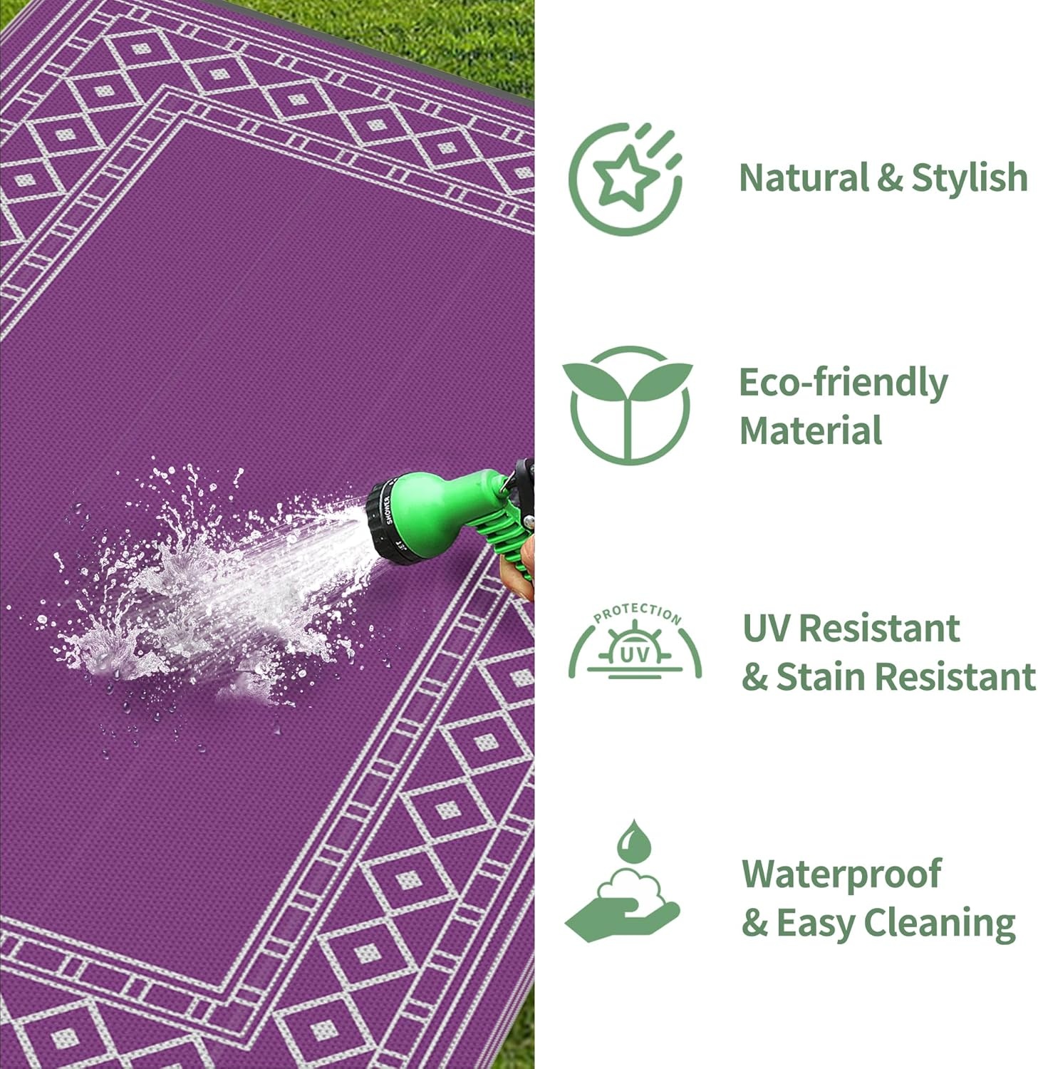 imageGENIMO Outdoor Rug Waterproof 6x9 for Patio Foldable Reversible Plastic Straw Carpet for Travel Trailers Outside Area Mat for Rv Deck Picnic Porch Camper Balcony Beach Purple amp GreyPurple Grey Natural