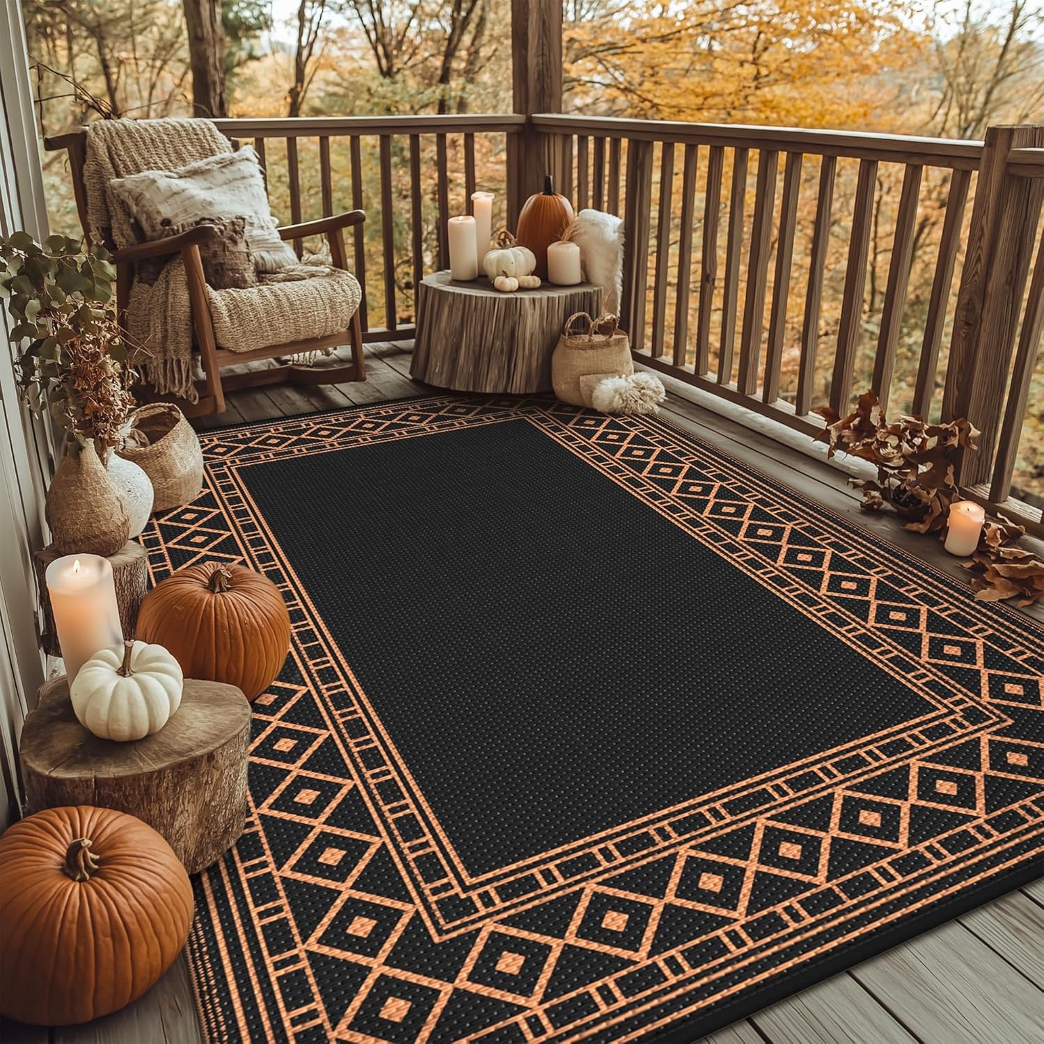 imageGENIMO Outdoor Rug Waterproof 6x9 for Patio Foldable Reversible Plastic Straw Carpet for Travel Trailers Outside Area Mat for Rv Deck Picnic Porch Camper Balcony Beach Purple amp GreyBlack Orange