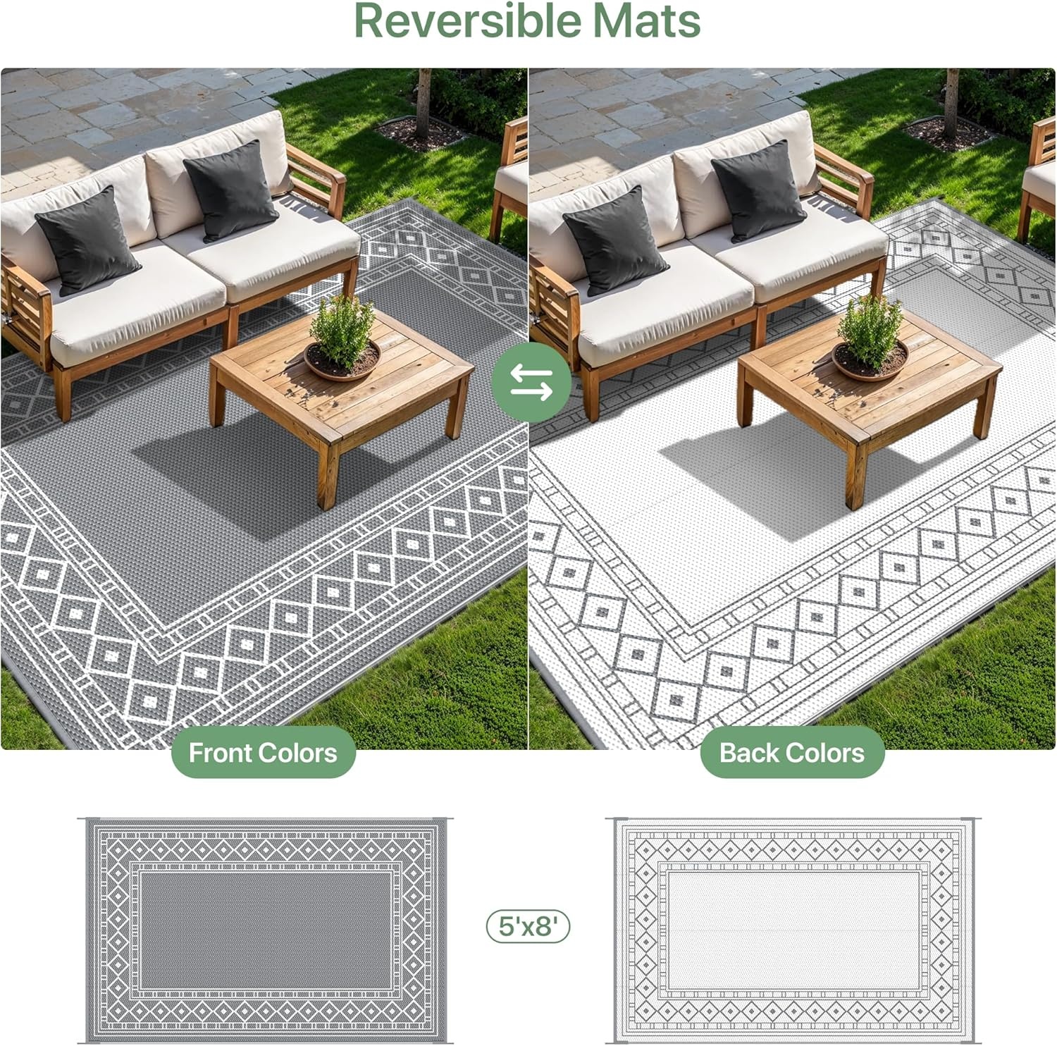 imageGENIMO Outdoor Rug Waterproof 6x9 for Patio Foldable Reversible Plastic Straw Carpet for Travel Trailers Outside Area Mat for Rv Deck Picnic Porch Camper Balcony Beach Purple amp GreyGrey White Natural