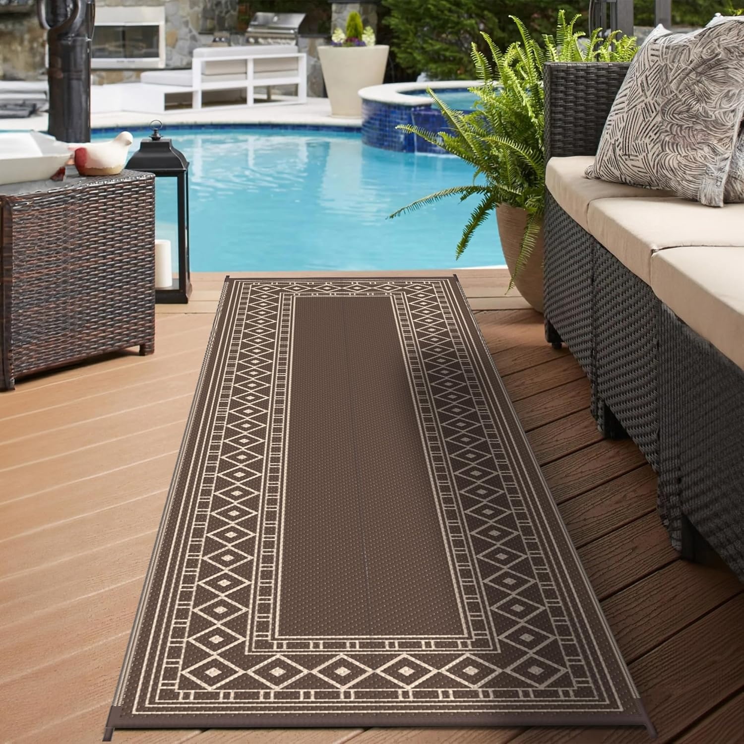 imageGENIMO Outdoor Rug Waterproof 6x9 for Patio Foldable Reversible Plastic Straw Carpet for Travel Trailers Outside Area Mat for Rv Deck Picnic Porch Camper Balcony Beach Purple amp GreyCoffee Beige Natural