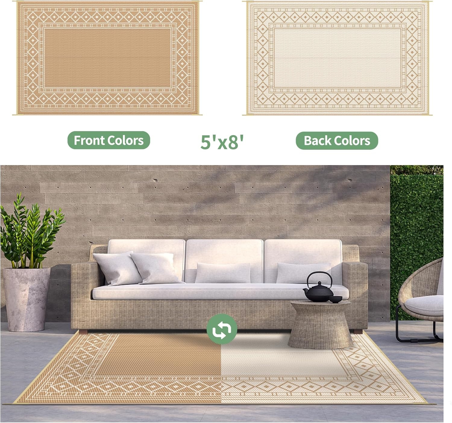 imageGENIMO Outdoor Rug Waterproof 6x9 for Patio Foldable Reversible Plastic Straw Carpet for Travel Trailers Outside Area Mat for Rv Deck Picnic Porch Camper Balcony Beach Purple amp GreyBrown Beige Natural