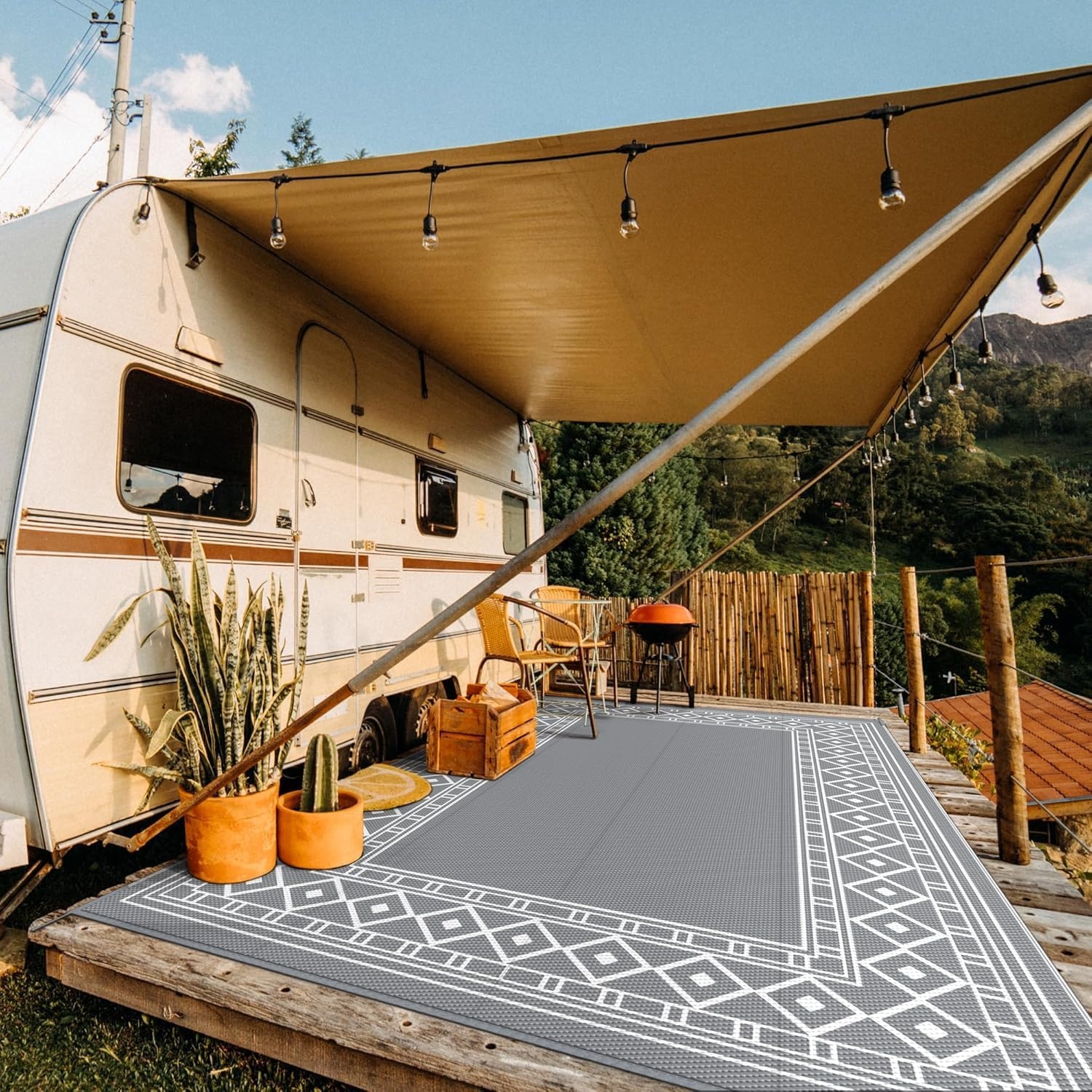 imageGENIMO Outdoor Rug Waterproof 6x9 for Patio Foldable Reversible Plastic Straw Carpet for Travel Trailers Outside Area Mat for Rv Deck Picnic Porch Camper Balcony Beach Purple amp GreyGrey White Natural