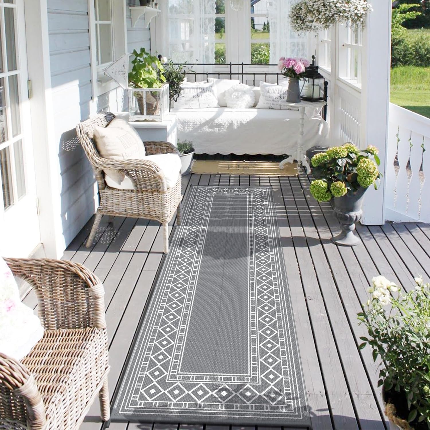 imageGENIMO Outdoor Rug Waterproof 6x9 for Patio Foldable Reversible Plastic Straw Carpet for Travel Trailers Outside Area Mat for Rv Deck Picnic Porch Camper Balcony Beach Purple amp GreyGrey White Natural