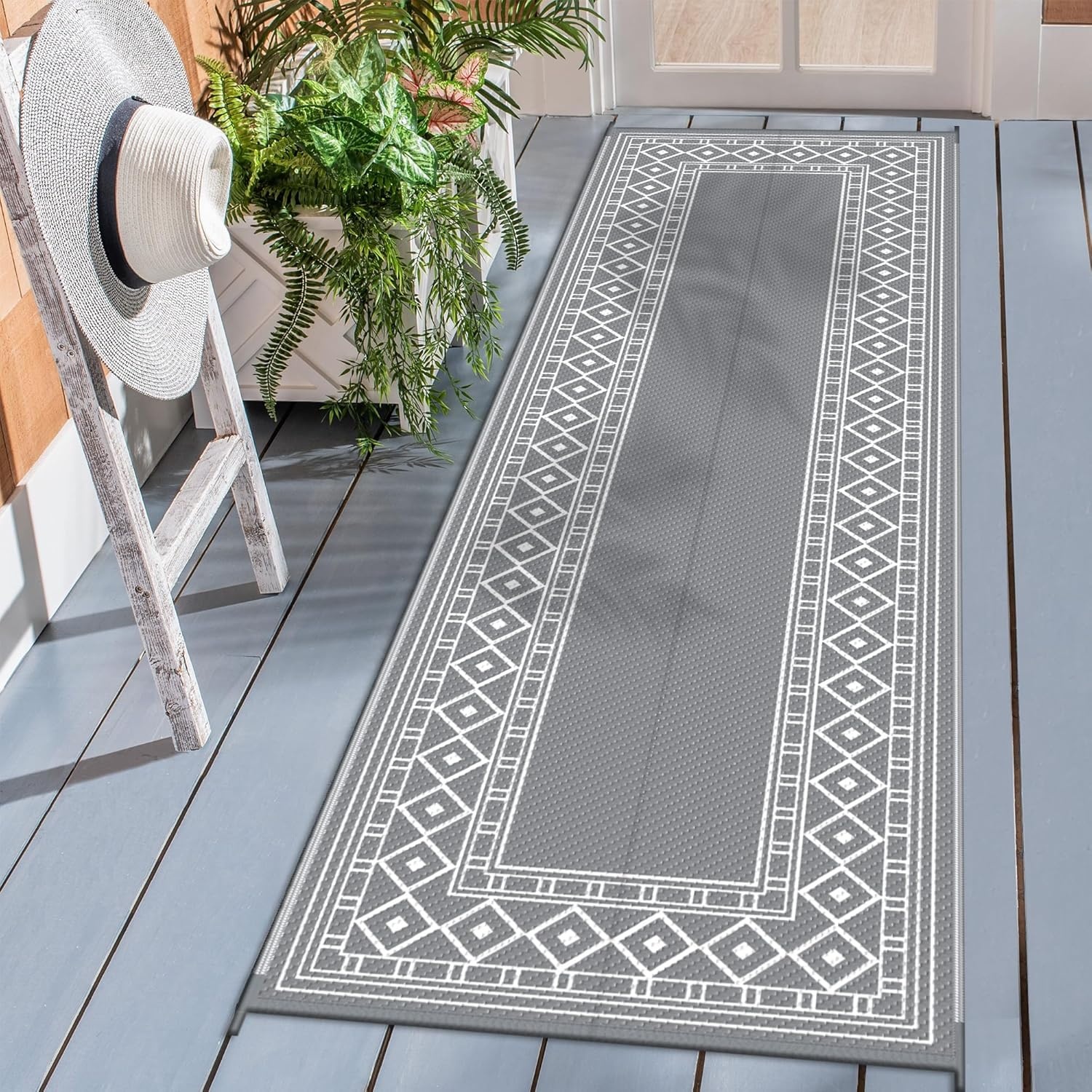 imageGENIMO Outdoor Rug Waterproof 6x9 for Patio Foldable Reversible Plastic Straw Carpet for Travel Trailers Outside Area Mat for Rv Deck Picnic Porch Camper Balcony Beach Purple amp GreyGrey White Natural