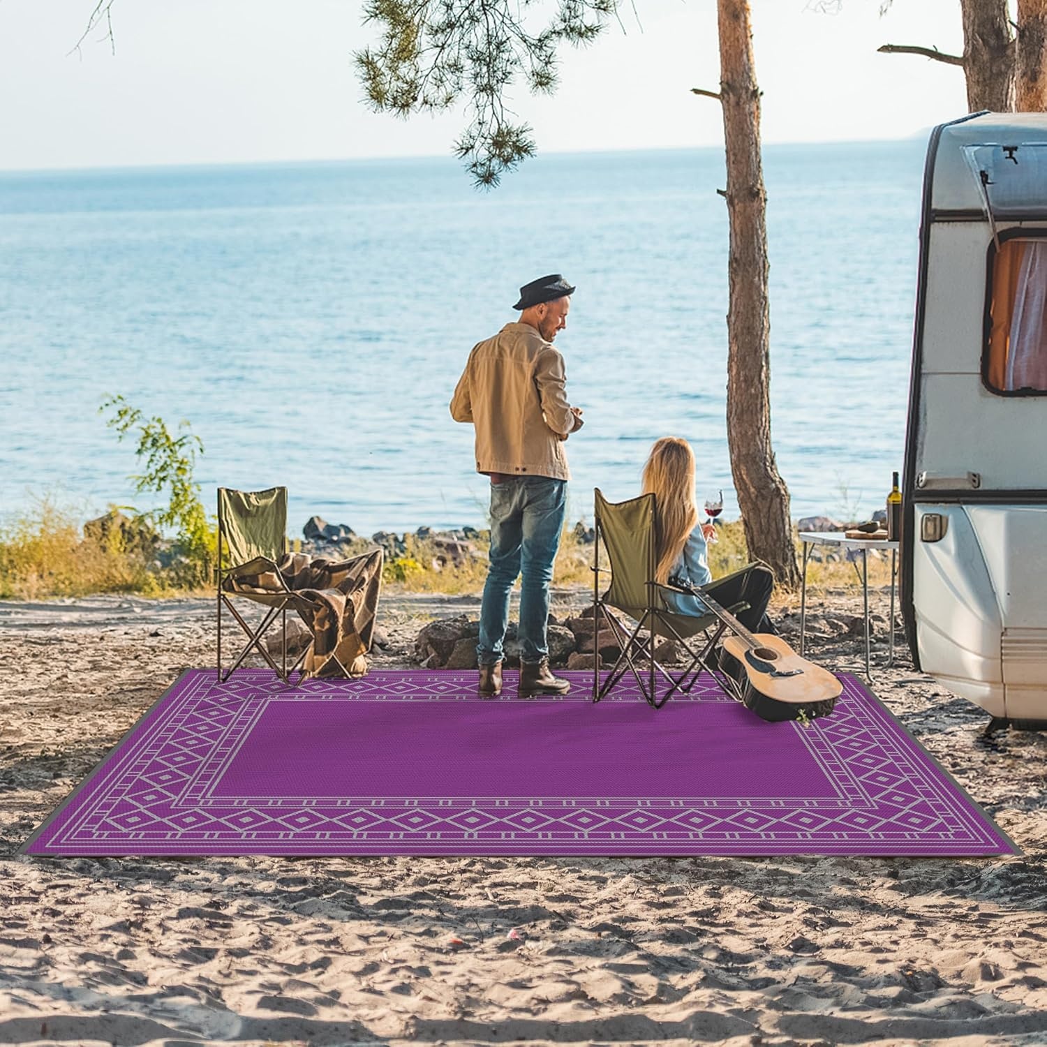 imageGENIMO Outdoor Rug Waterproof 6x9 for Patio Foldable Reversible Plastic Straw Carpet for Travel Trailers Outside Area Mat for Rv Deck Picnic Porch Camper Balcony Beach Purple amp GreyPurple Grey Natural