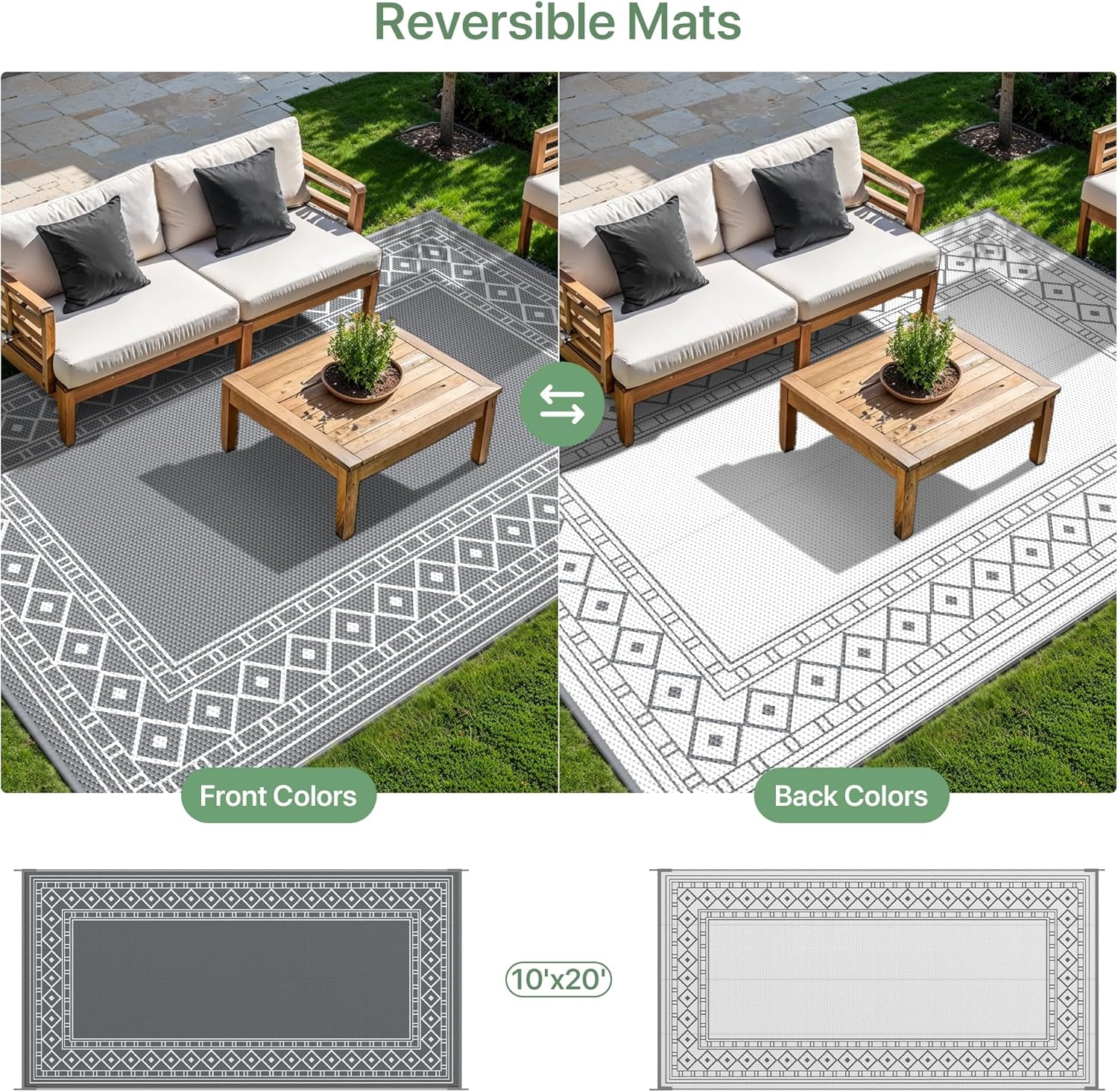 imageGENIMO Outdoor Rug Waterproof 6x9 for Patio Foldable Reversible Plastic Straw Carpet for Travel Trailers Outside Area Mat for Rv Deck Picnic Porch Camper Balcony Beach Purple amp GreyGrey White Natural
