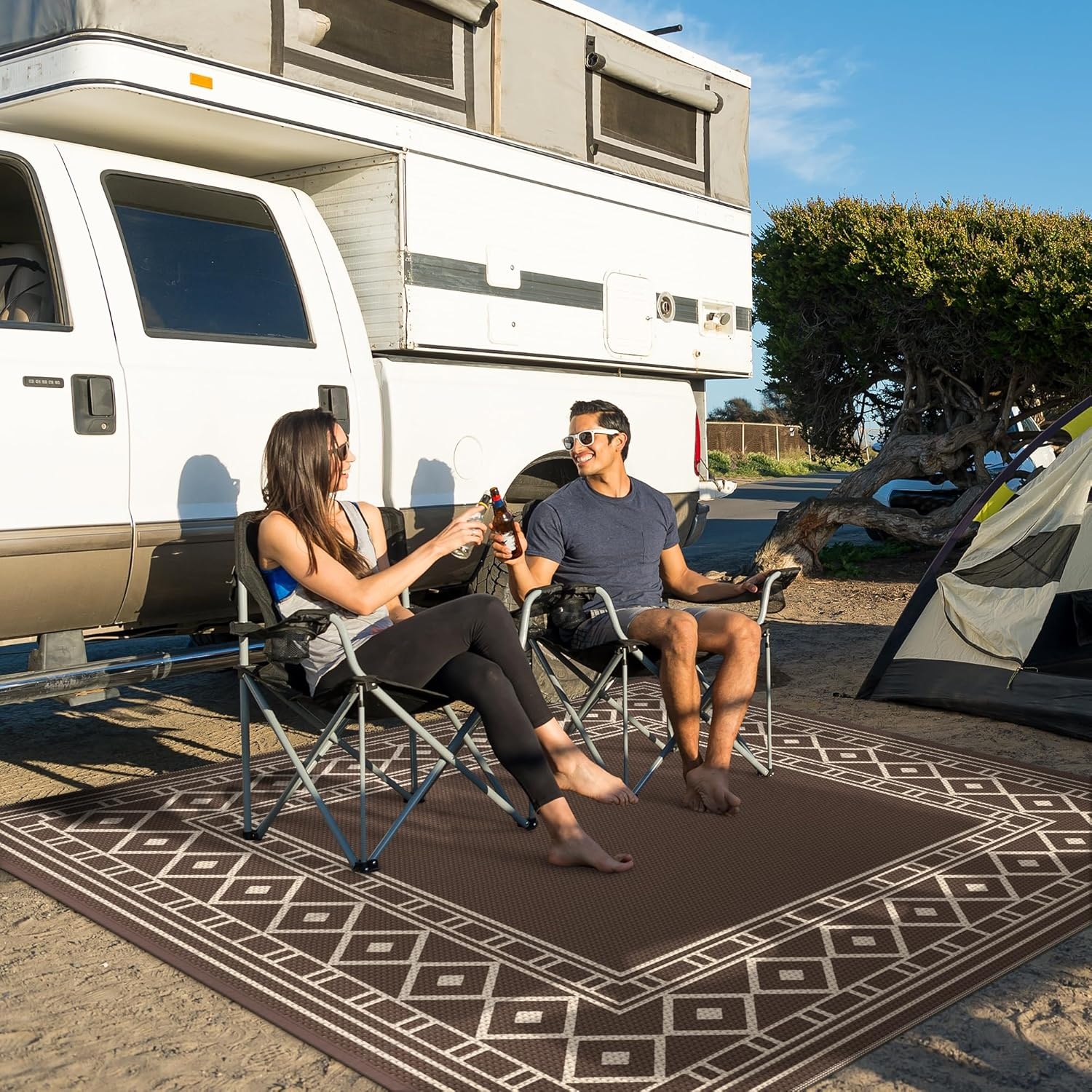 imageGENIMO Outdoor Rug Waterproof 6x9 for Patio Foldable Reversible Plastic Straw Carpet for Travel Trailers Outside Area Mat for Rv Deck Picnic Porch Camper Balcony Beach Purple amp GreyCoffee Beige Natural