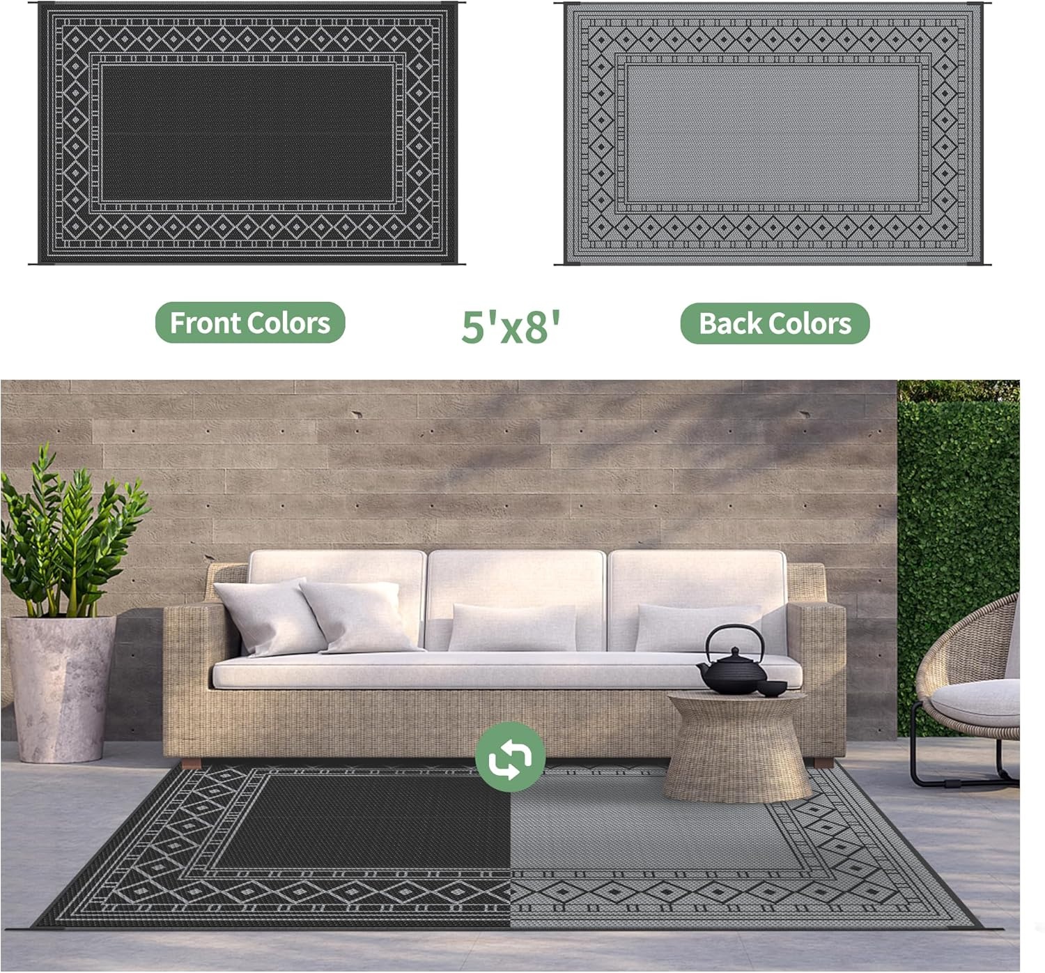 imageGENIMO Outdoor Rug Waterproof 6x9 for Patio Foldable Reversible Plastic Straw Carpet for Travel Trailers Outside Area Mat for Rv Deck Picnic Porch Camper Balcony Beach Purple amp GreyBlack Grey Natural