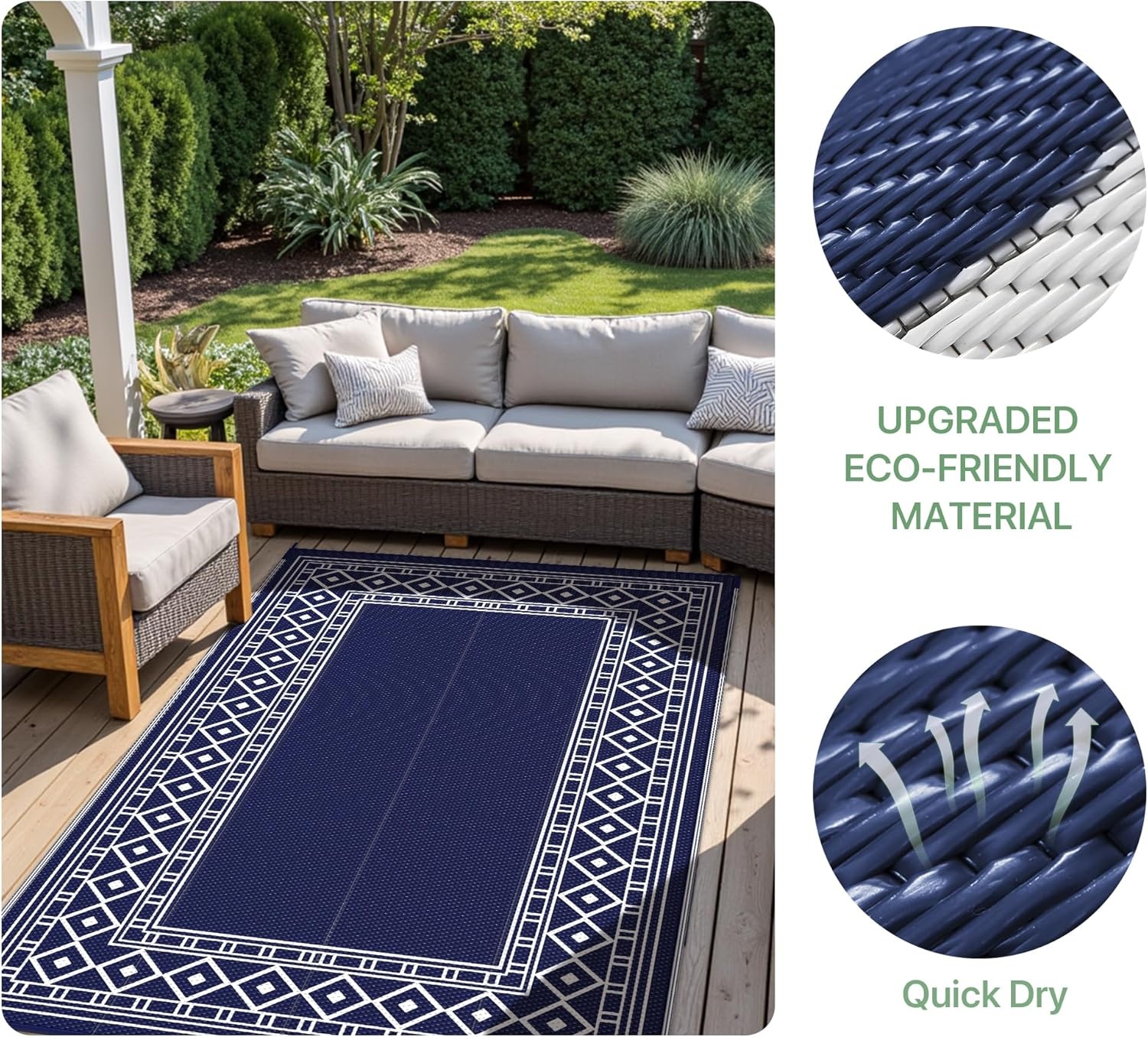 imageGENIMO Outdoor Rug Waterproof 6x9 for Patio Foldable Reversible Plastic Straw Carpet for Travel Trailers Outside Area Mat for Rv Deck Picnic Porch Camper Balcony Beach Purple amp GreyNavy Blue White Natural