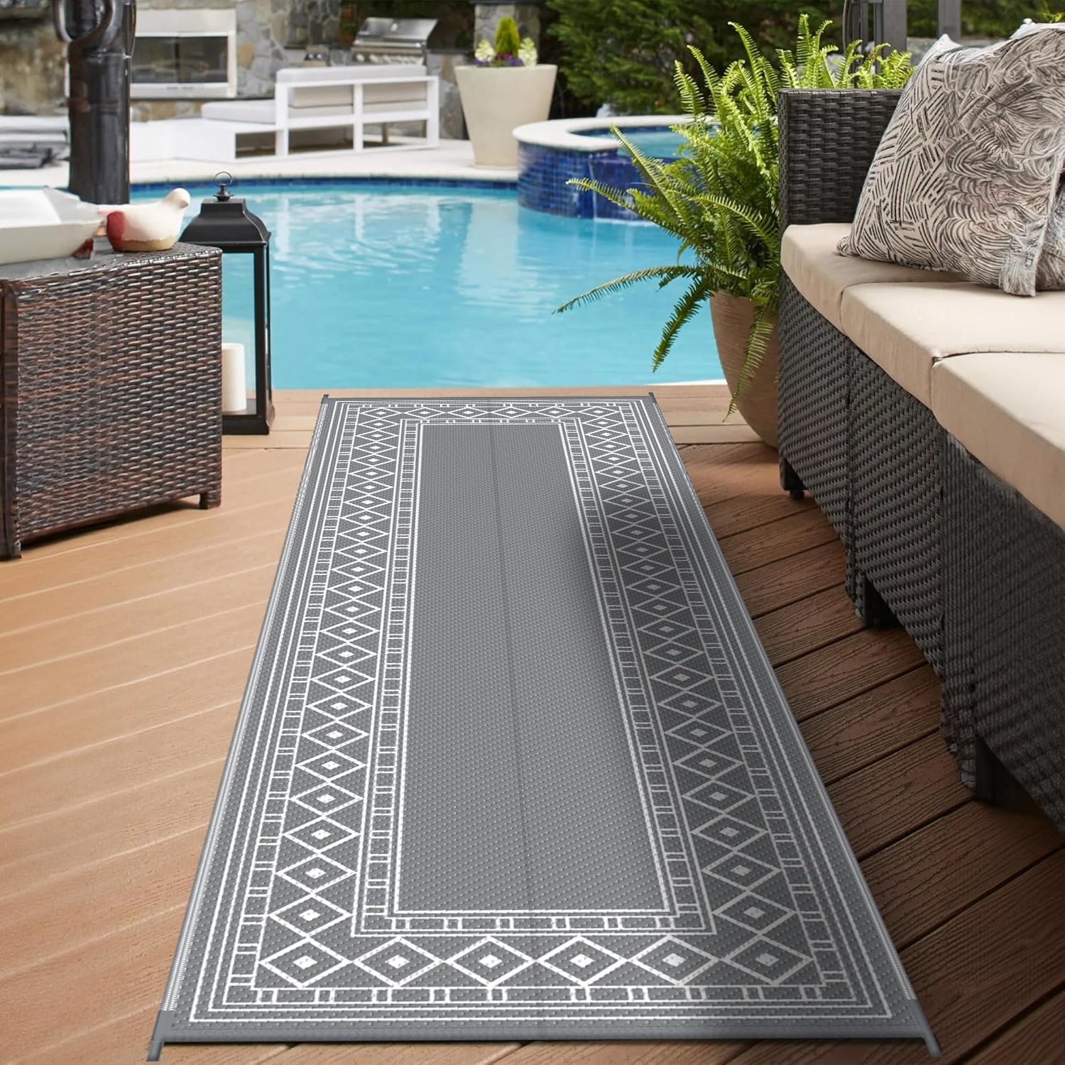 imageGENIMO Outdoor Rug Waterproof 6x9 for Patio Foldable Reversible Plastic Straw Carpet for Travel Trailers Outside Area Mat for Rv Deck Picnic Porch Camper Balcony Beach Purple amp GreyGrey White Natural