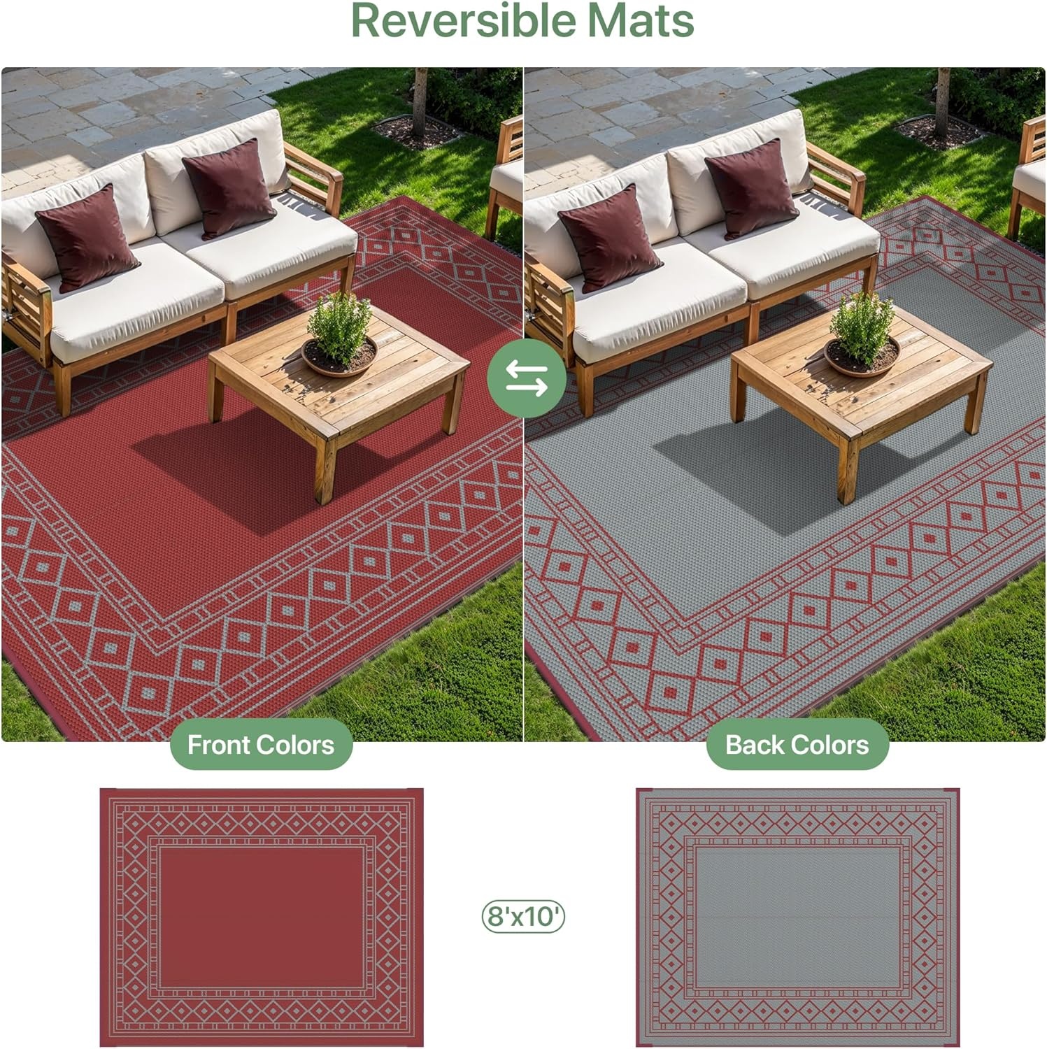 imageGENIMO Outdoor Rug Waterproof 6x9 for Patio Foldable Reversible Plastic Straw Carpet for Travel Trailers Outside Area Mat for Rv Deck Picnic Porch Camper Balcony Beach Purple amp GreyRed Grey Natural