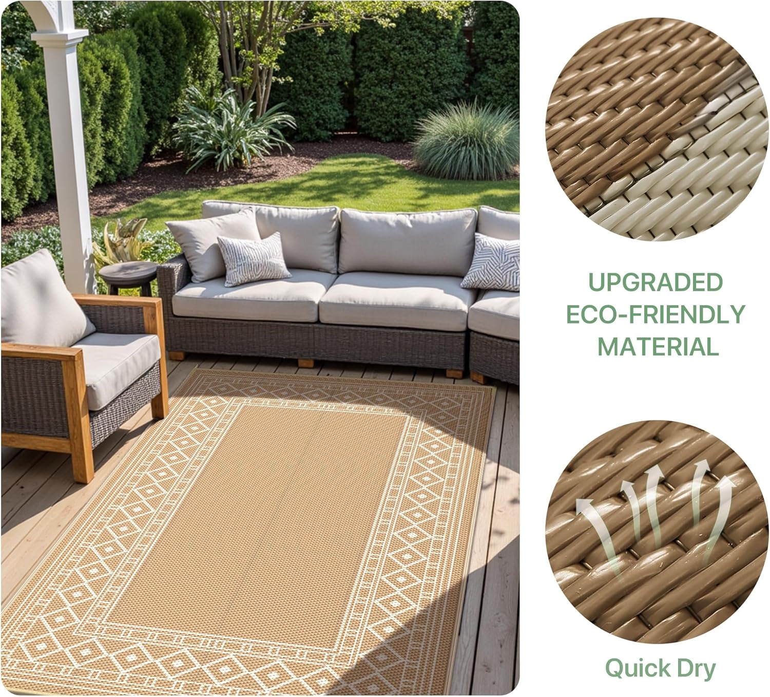 imageGENIMO Outdoor Rug Waterproof 6x9 for Patio Foldable Reversible Plastic Straw Carpet for Travel Trailers Outside Area Mat for Rv Deck Picnic Porch Camper Balcony Beach Purple amp GreyBrown Beige Natural