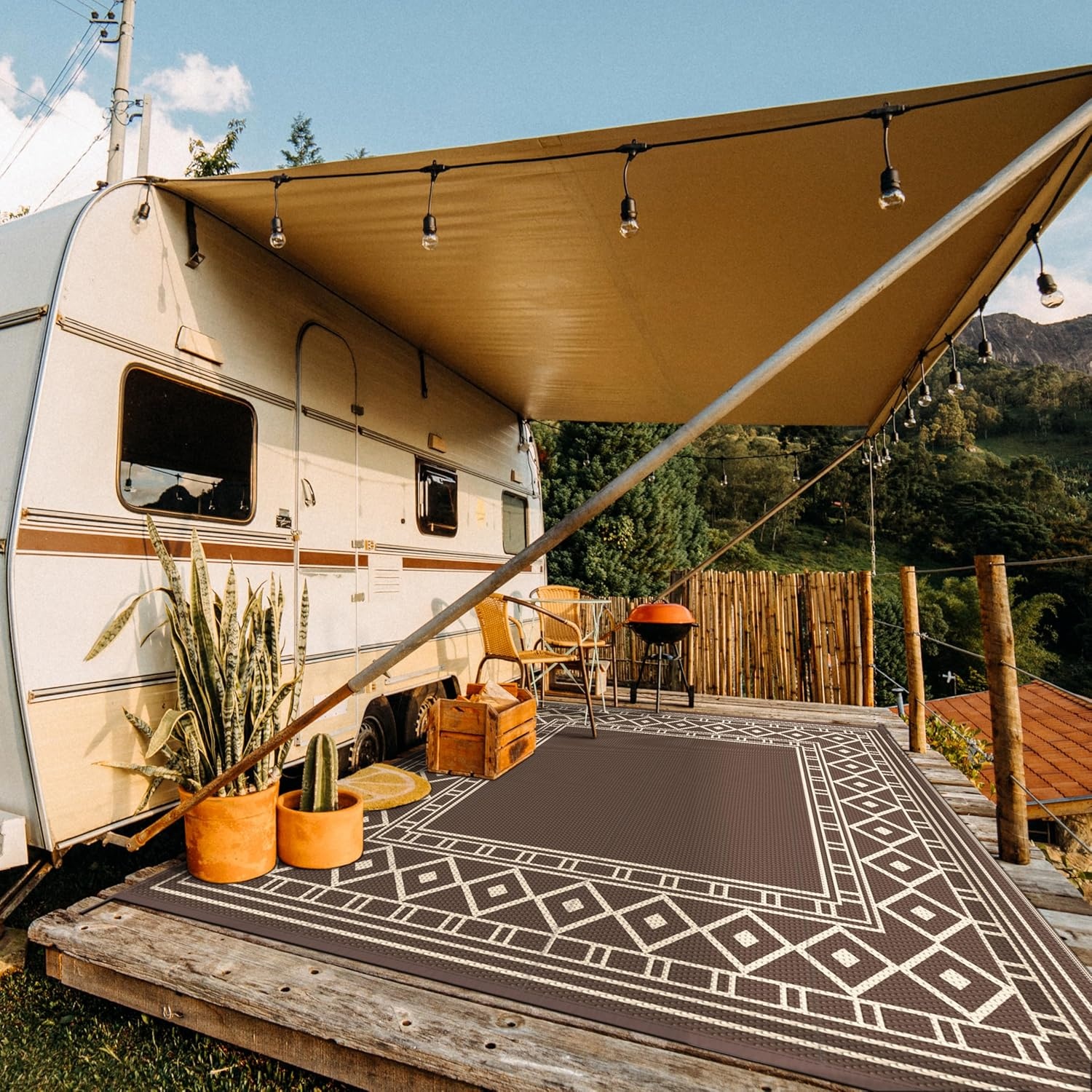 imageGENIMO Outdoor Rug Waterproof 6x9 for Patio Foldable Reversible Plastic Straw Carpet for Travel Trailers Outside Area Mat for Rv Deck Picnic Porch Camper Balcony Beach Purple amp GreyCoffee Beige Natural