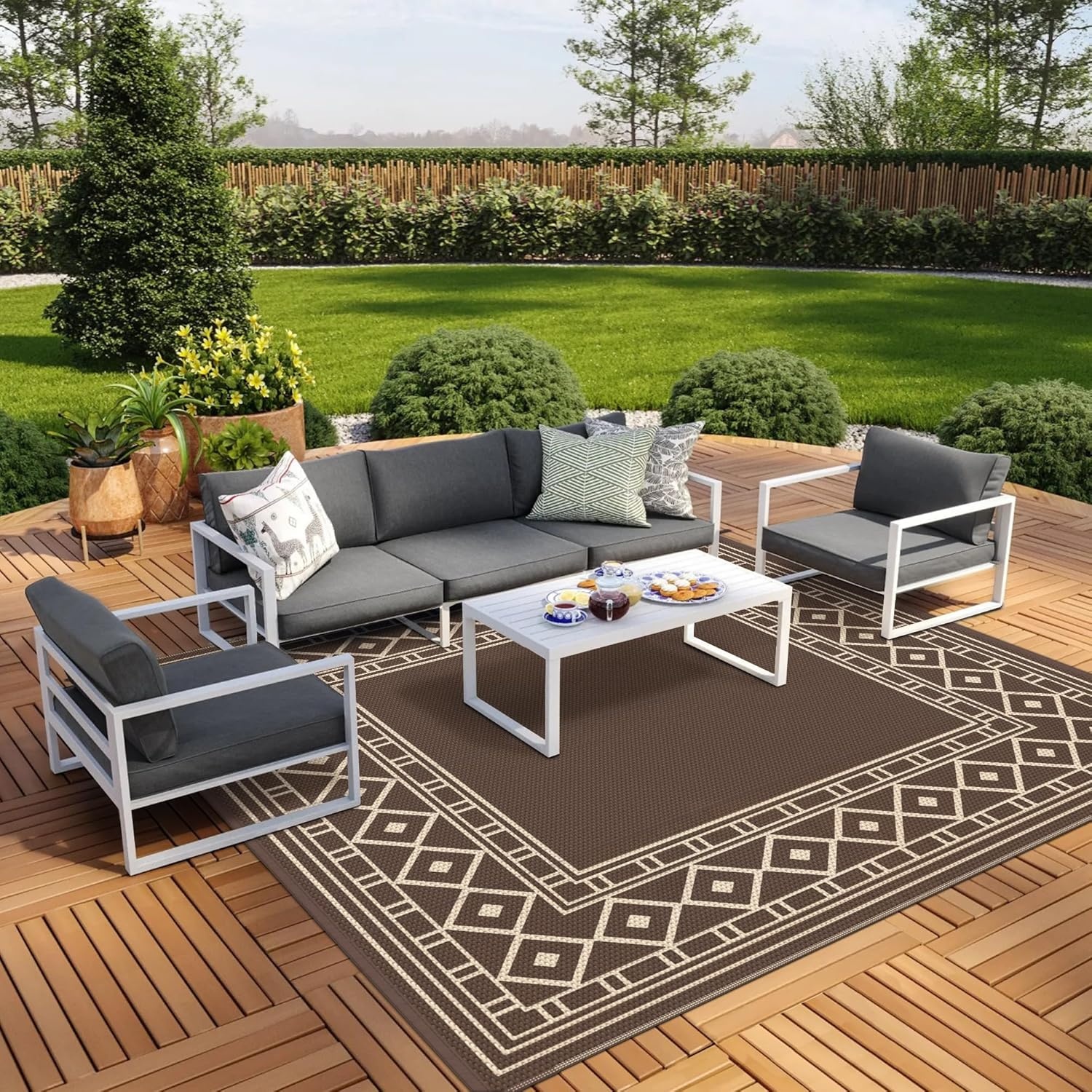 imageGENIMO Outdoor Rug Waterproof 6x9 for Patio Foldable Reversible Plastic Straw Carpet for Travel Trailers Outside Area Mat for Rv Deck Picnic Porch Camper Balcony Beach Purple amp GreyCoffee Beige Natural